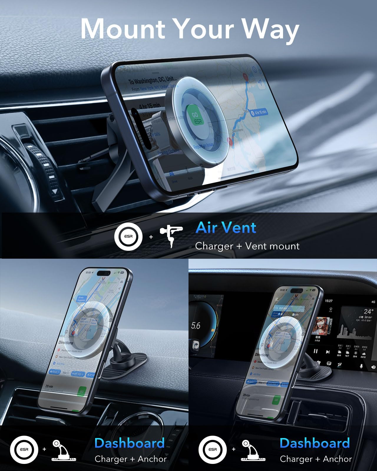ESR Support Téléphone Voiture Magnétique pour MagSafe, grille d'aération/tableau bord Aimant Voiture Support pour iPhone 17e/Air/17/16/16e/15/14/13/12/Google Pixel 10/Samsung S26, tous les smartphones