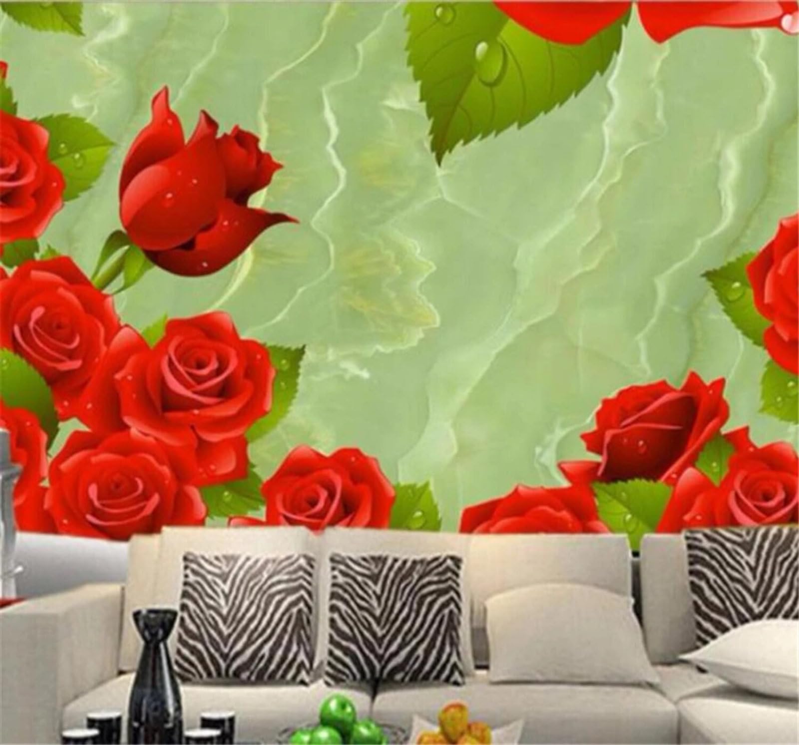 Fresh Green Leaves Romantic Red Roses 3D Wallpaper Easy Install Feature Office Living Room Sofa Bedroom TV Background Wall Decoration-150cm×105cm