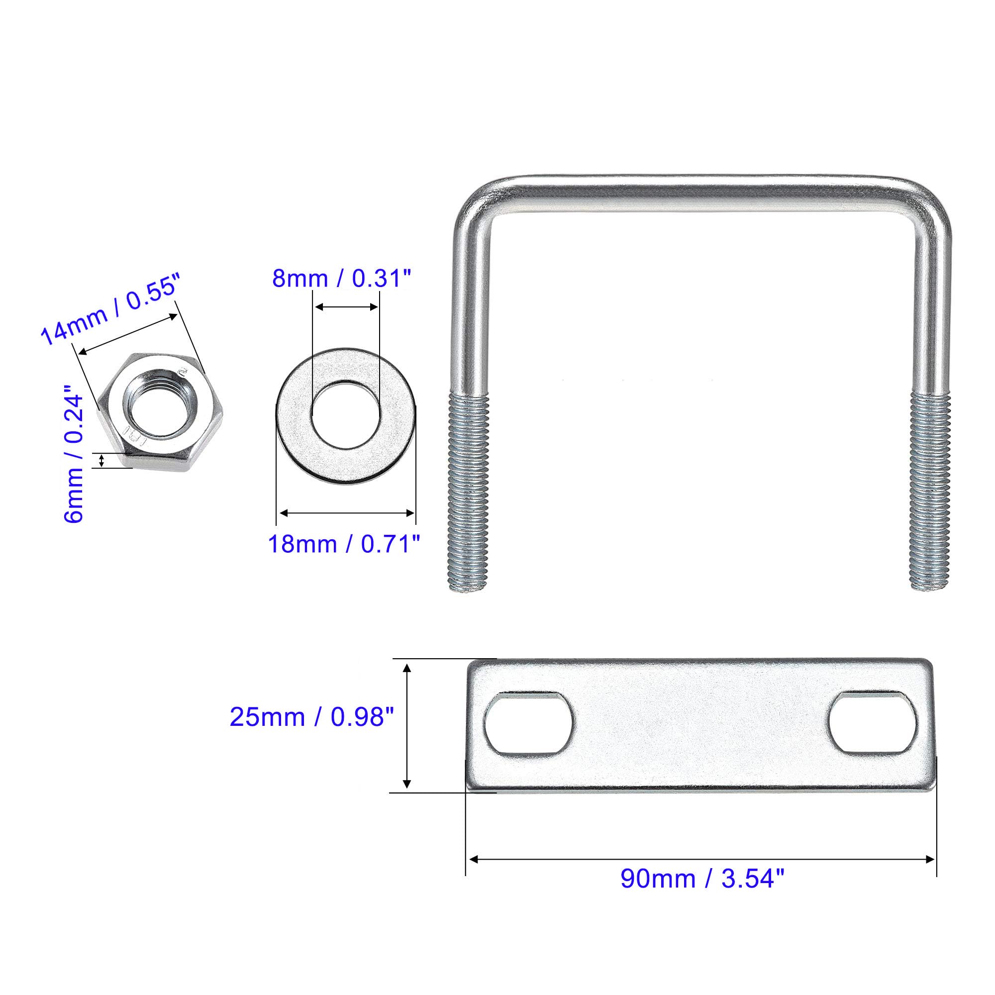 MACHSWON Square U-Bolt,2 Set Carton Steel M8 U Bolts 60mm(2-3/8") Inner Width 100mm Length with Nuts and Frame Plate for Automobiles Boat Trailer - Image 3