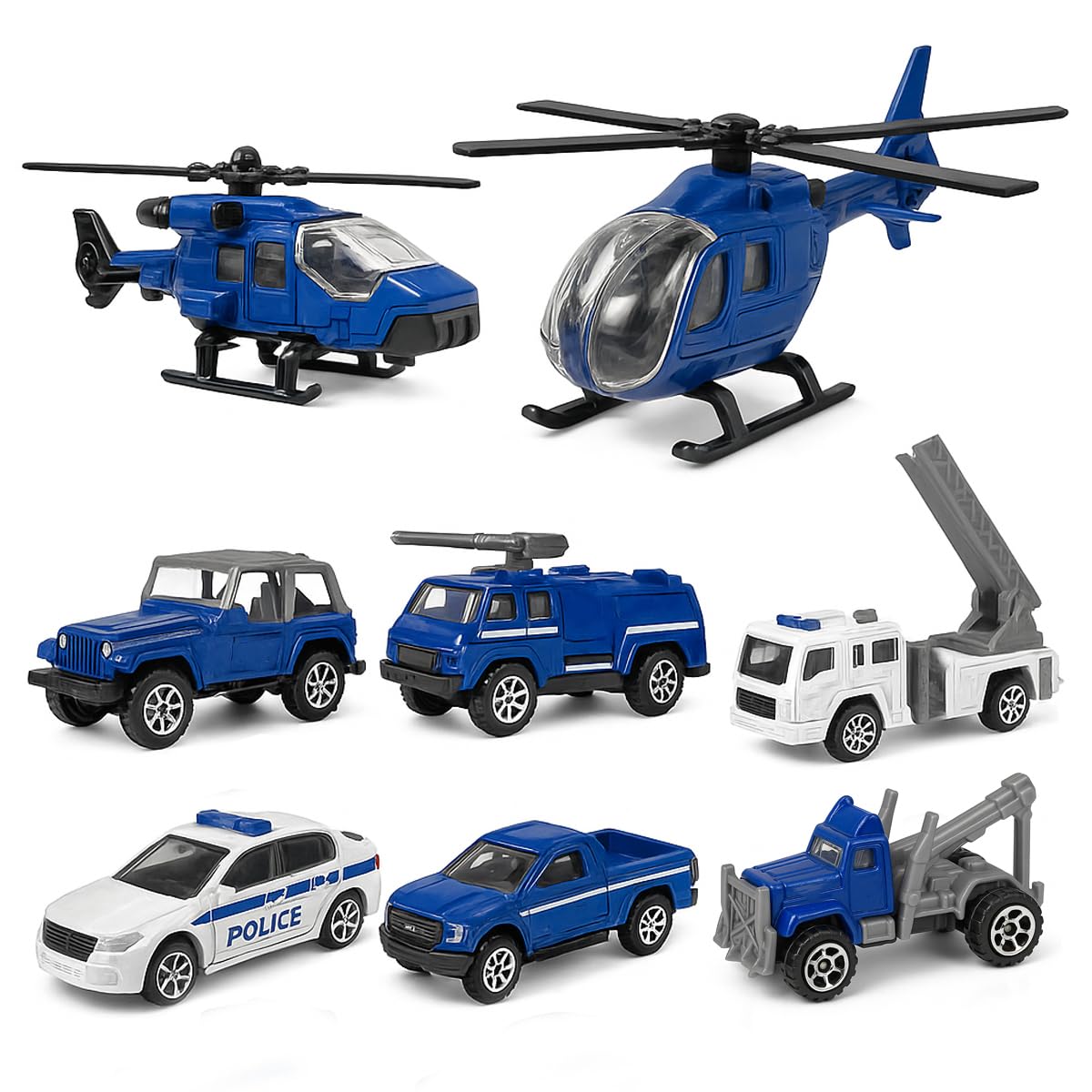 Toyana 8 Pcs Die Cast Cars Truck Helicopter Playset, Kids Diecast Metal Toy Vehicles, Police Jeep, Fire & Rescue Truck Collection, Imaginative Play Gift Set for Children 3+ Years