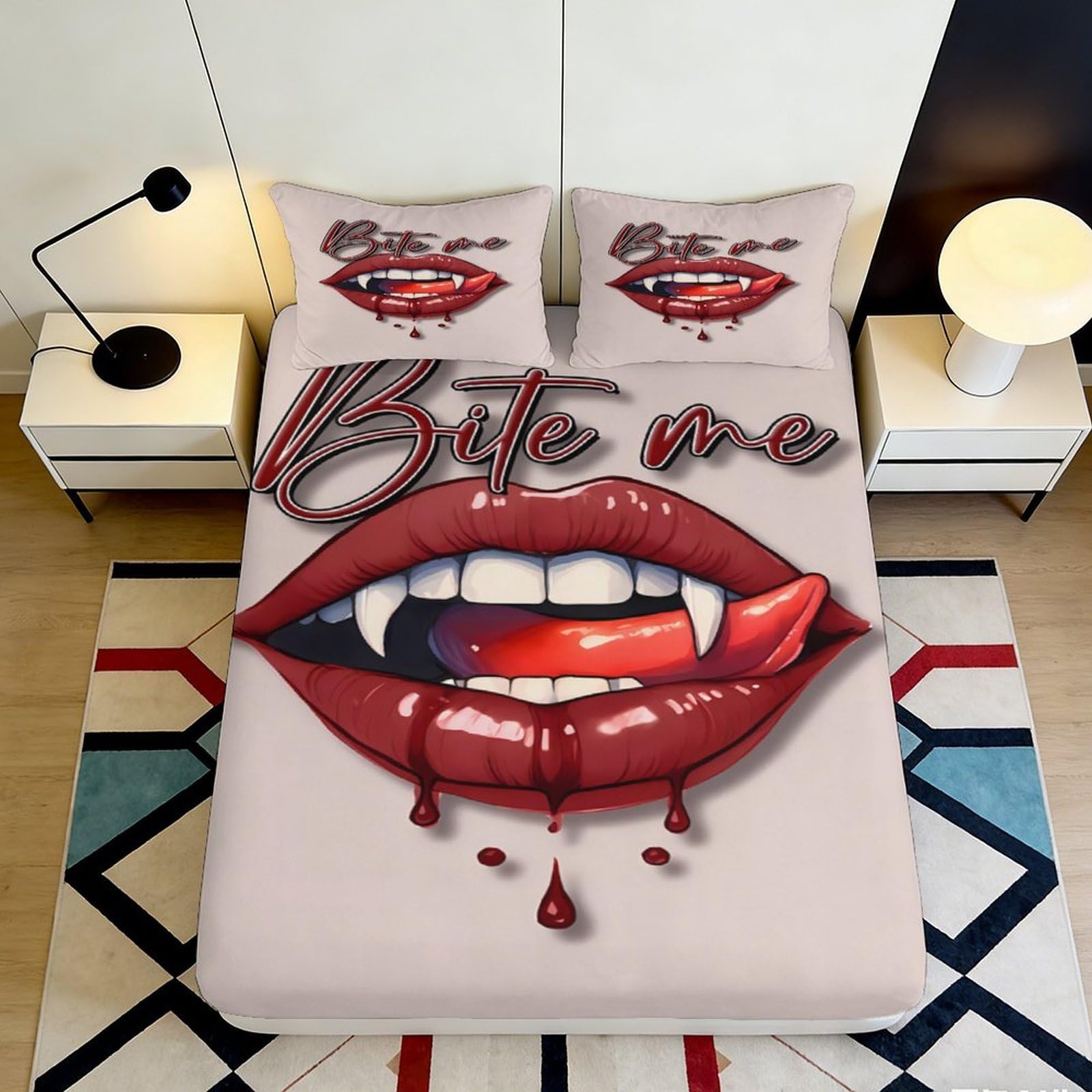 3D Printed Vampire Lips Fitted Sheet Microfiber Soft Elastic Bite Me Design Bed Cover for Bedroom Dorm Decor 90x200x25cm