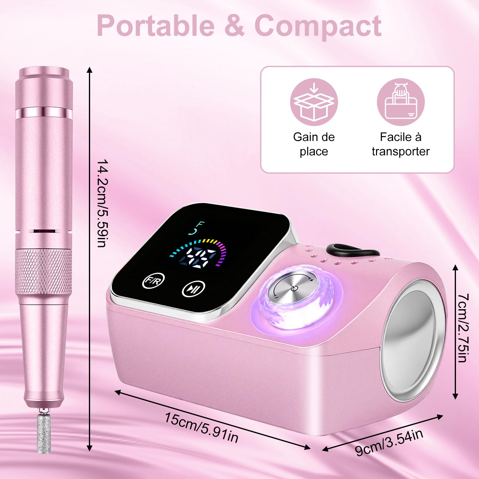 Ponceuse pour Ongles Professionnelle 45000 RPM,12 en 1 Lime a Ongle Electrique Portable,Ponceuse Ongles avec Écran LCD & Support,Lime à Ongle Electrique Silencieux,Conçu pour Les Salon,(Rose)