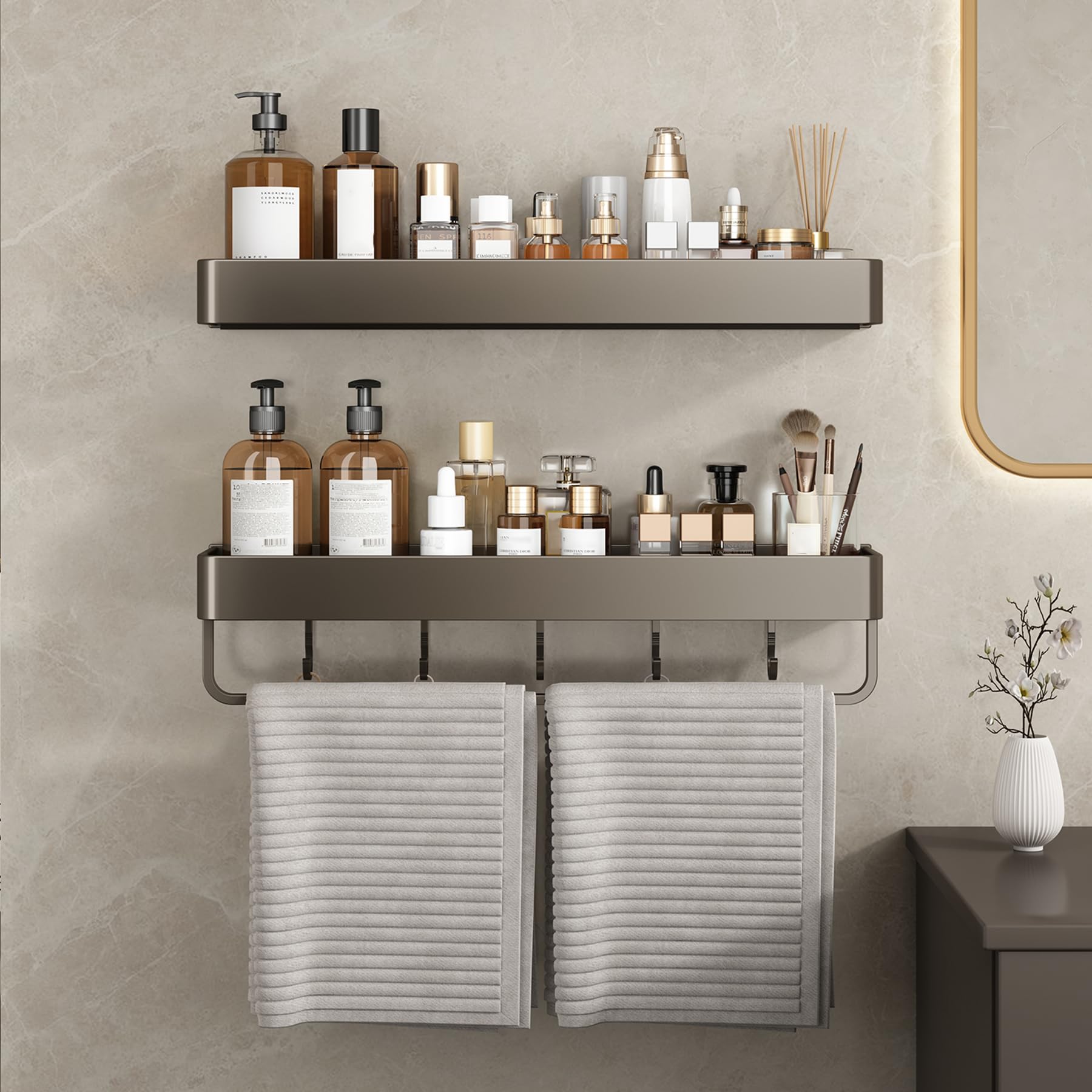 Portaoggetti da Doccia Adesivo Appendere, Organizer Parete per Doccia di Grande capacità Senza Foratura Ripiani per Doccia Bagno portaoggetti in Lega Alluminio antiruggine,Gray d,60CM