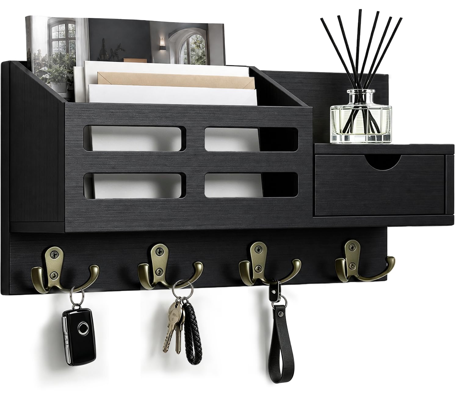 Key Holder Wall Mount Black Key Holder with Drawer& Mail Slot