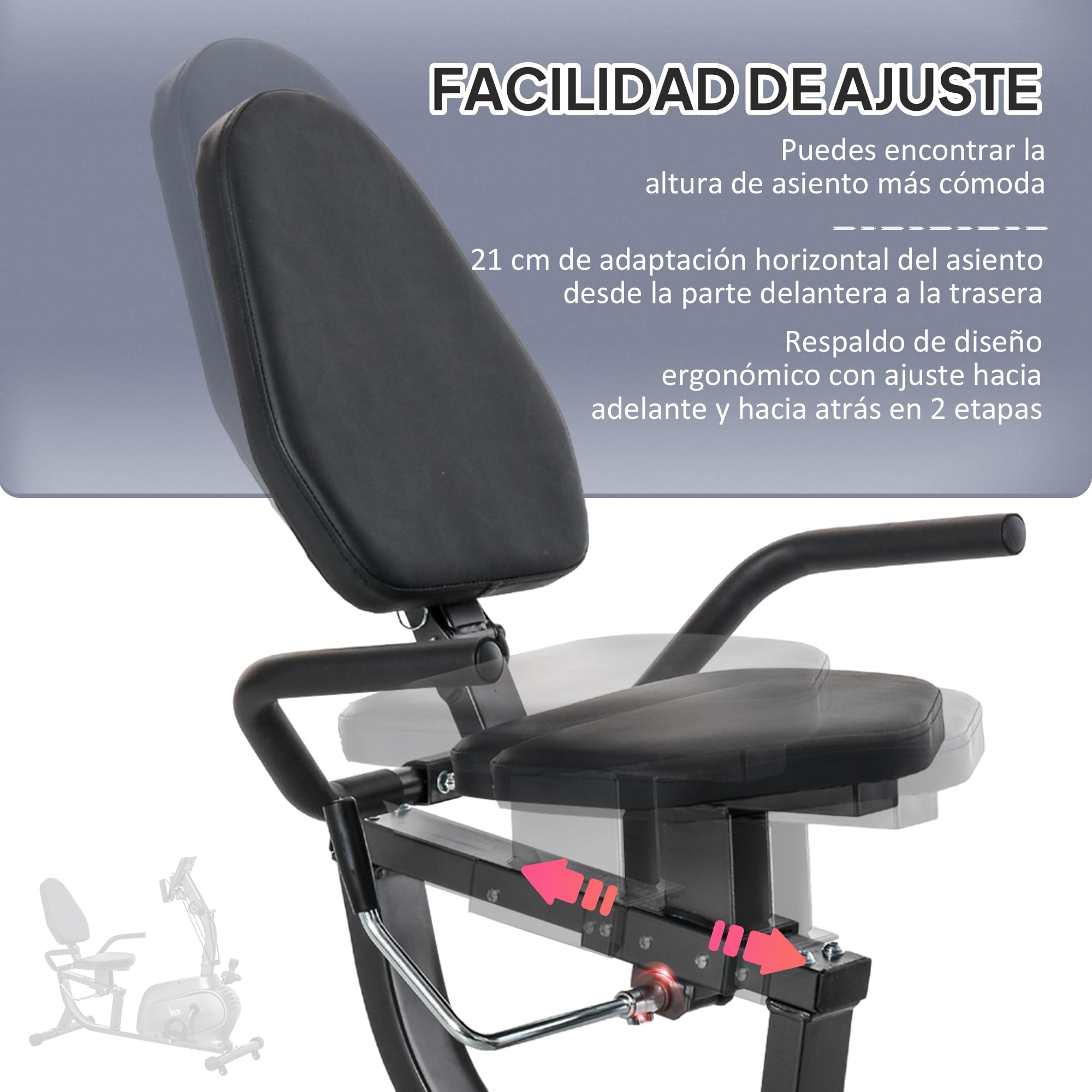 HOMCOM Bicicleta Estática con Respaldo 8 Niveles de Resistencia Volante | Bicicleta Estática Reclinadas, Asiento Ajustable, Pantalla LCD, Soporte Teléfono, Bandas, Ruedas, Entrenamientos Recuperación