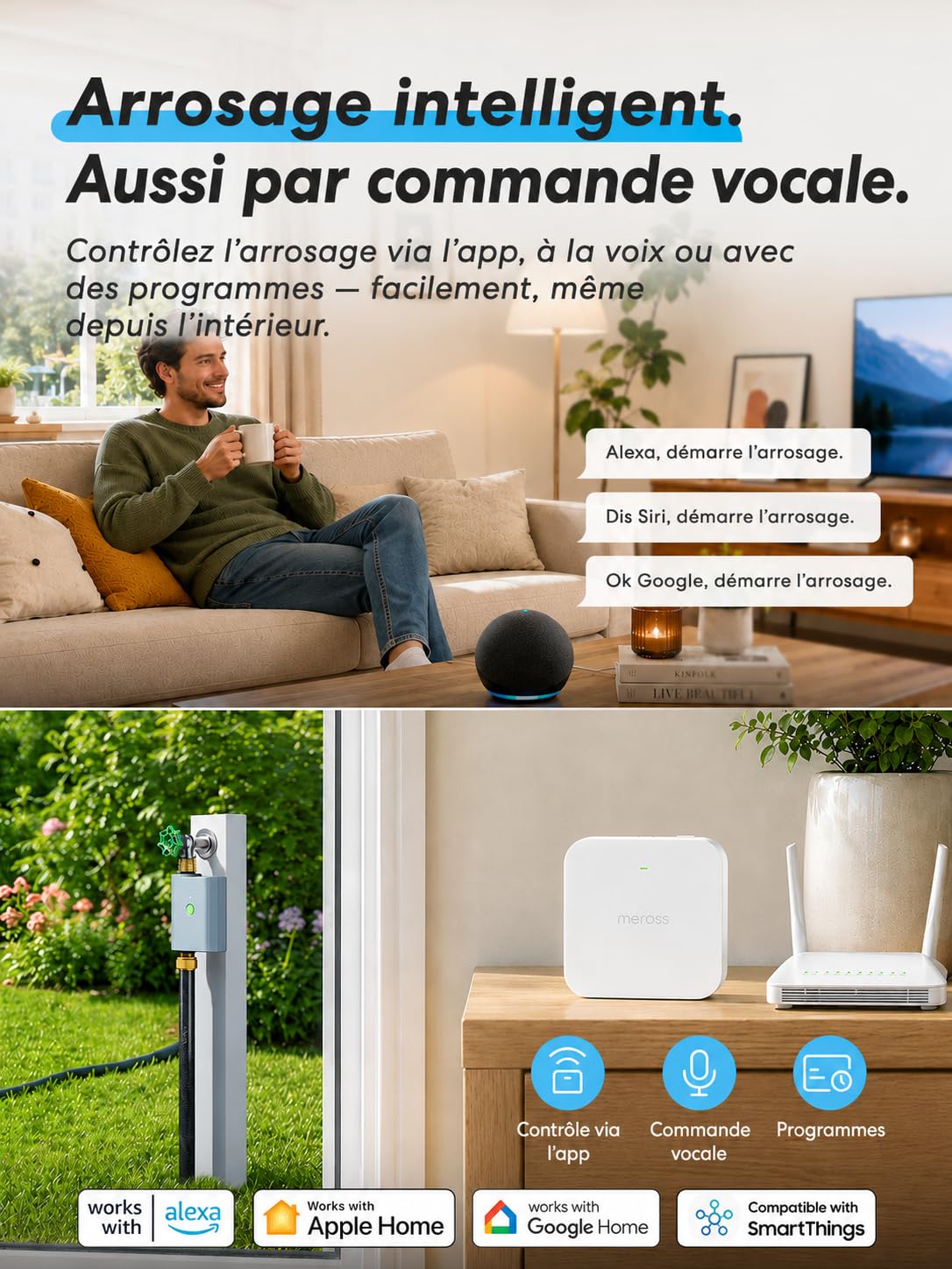 meross Programmateur Arrosage WiFi avec Smart Hub, Arrosage Automatique pour Jardin, App & Commande Vocale, Pause Pluie, Suivi Conso d’Eau, Raccords en Laiton, IP65, Alexa, Google et Apple Home, Gris