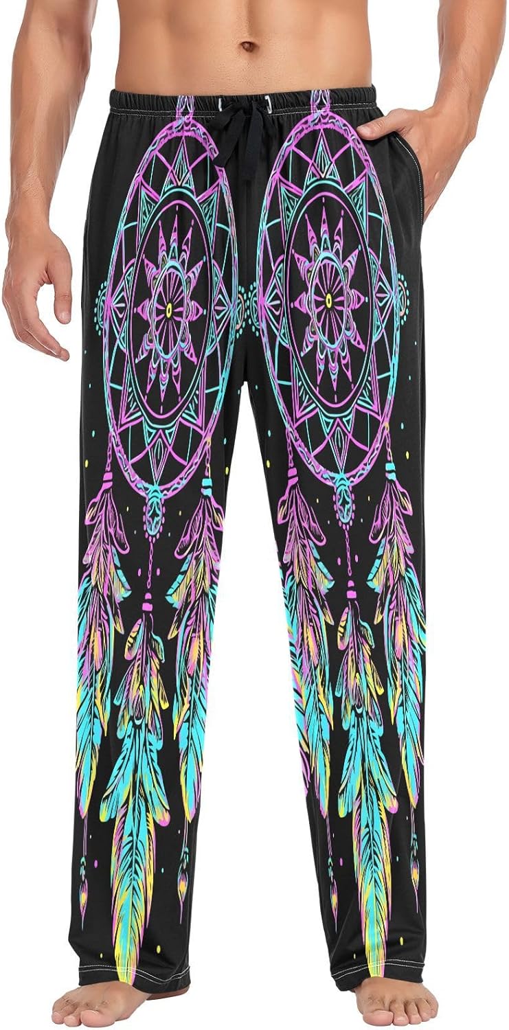 ALAZA Rainbow Dreamcatcher Boho Men's Pajama Pants Men Cotton Pajama Bottoms with Pockets, S