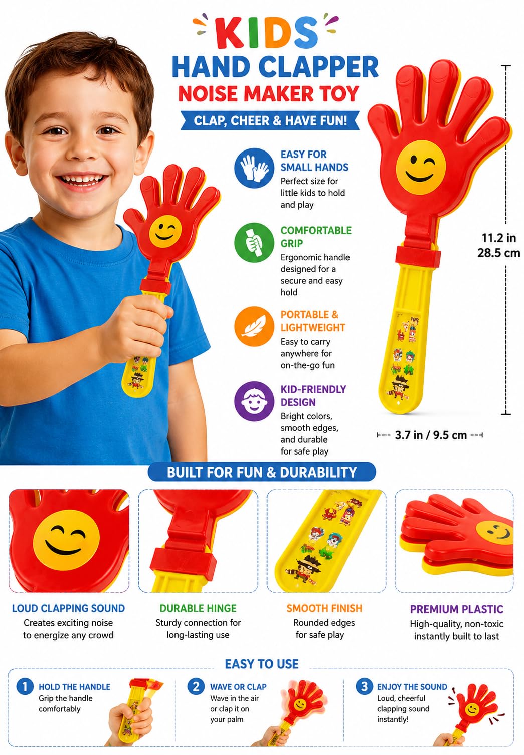 Kids Hand Clapper Noise Maker Toy, Red and Yellow, Durable Plastic