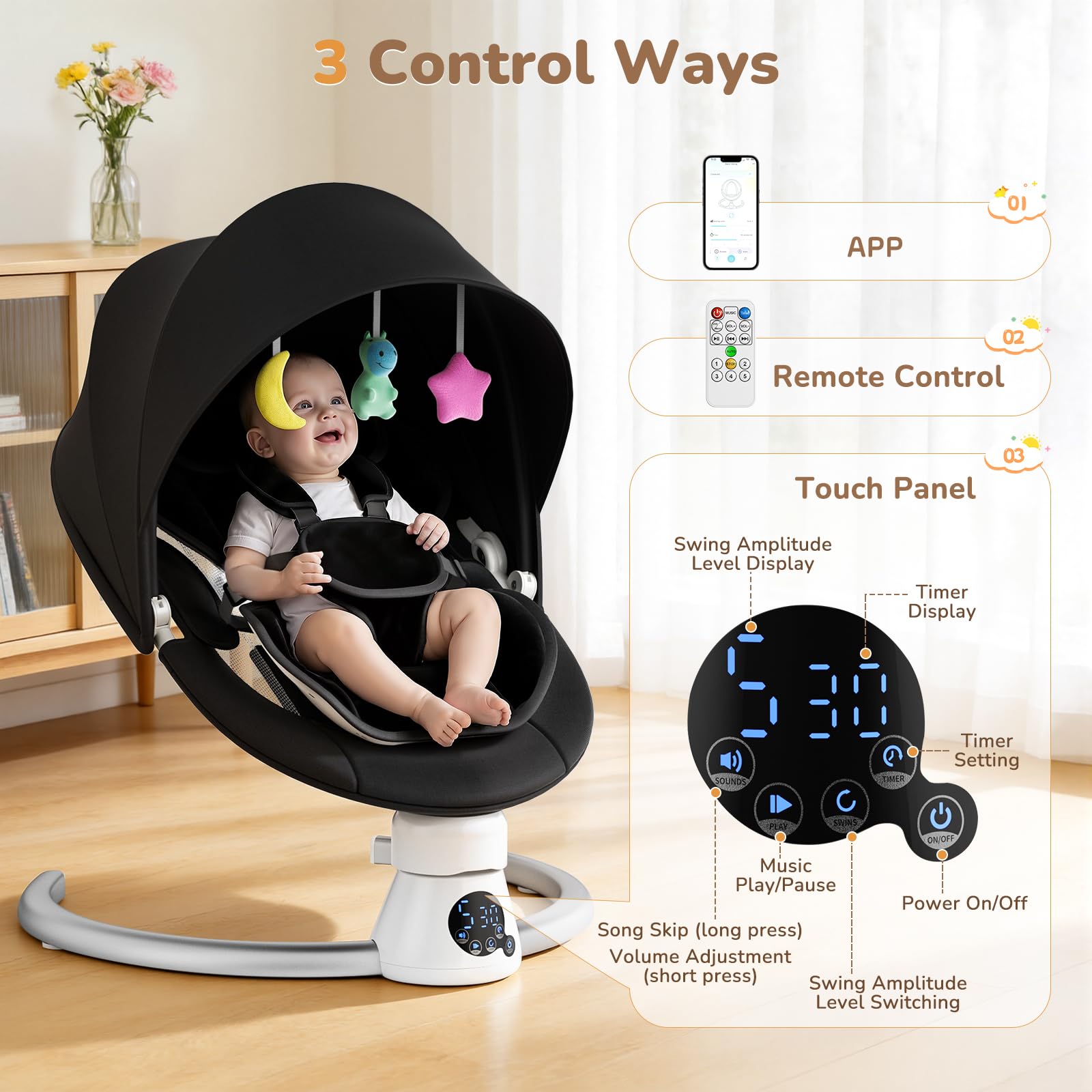 Transat pour bébé, balançoire électrique portable avec dents bleues, 5 vitesses de balancement, harnais à 5 points, télécommande et panneau tactile (noir)