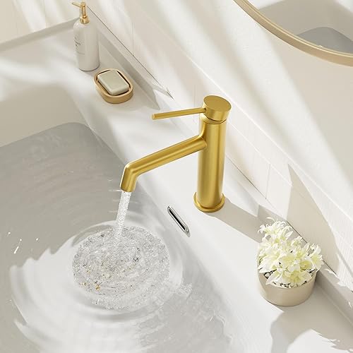 Miniatura 5 de Phiestina Grifo de baño de oro cepillado, grifo de lavabo de baño de una sola manija, con línea de suministro de agua y drenaje desplegable de