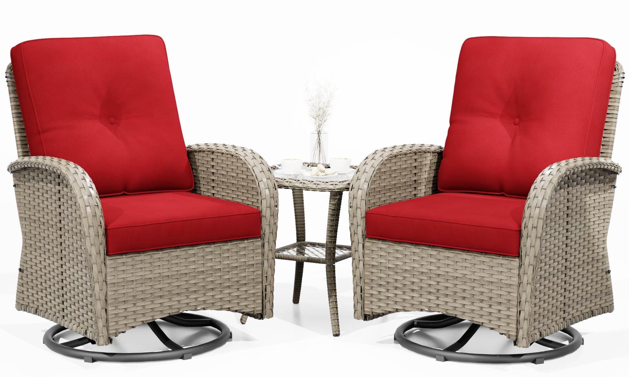 Joyside Outdoor Swivel Rocker Chairs, 3 Piece Wicker Patio Set with Thickened Cushions, High Back, Deep Seating, Wide Armrest, Outdoor Swivel Chairs