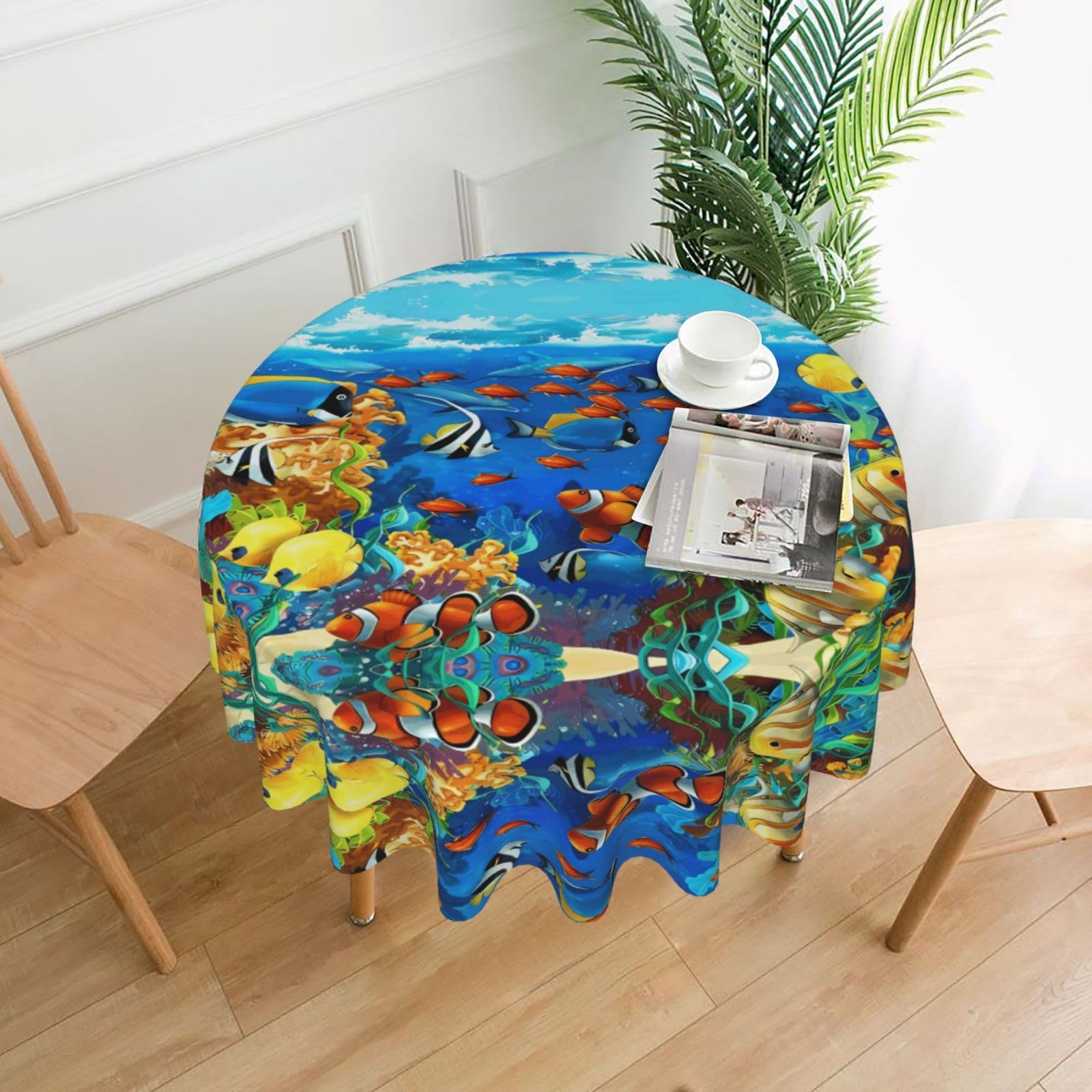 WHJSSF Ocean Tropical Fish Coral Undersea World Prints Round Decorative Tablecloth 60in - Elevate Your Dining Experience with a Stylish & Protective Table Throw