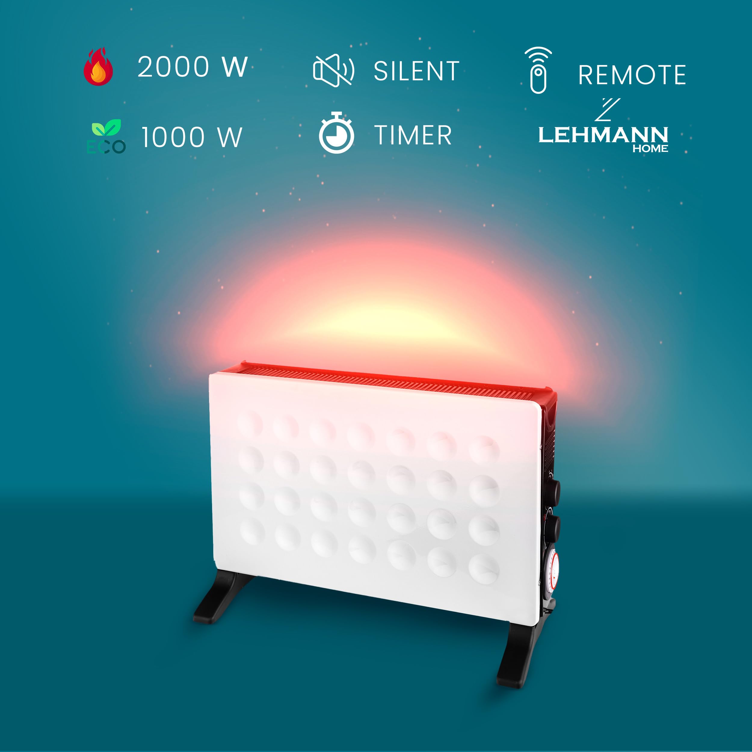 Lehmann LHOHC-2013B Grzejnik elektryczny konwektorowy Palmar 2000 W, Grzejnik z termostatem 750/1250/2000 W, ogrzewanie konwektorowe z termostatem i zabezpieczeniem przed przegrzaniem, ogrzewanie