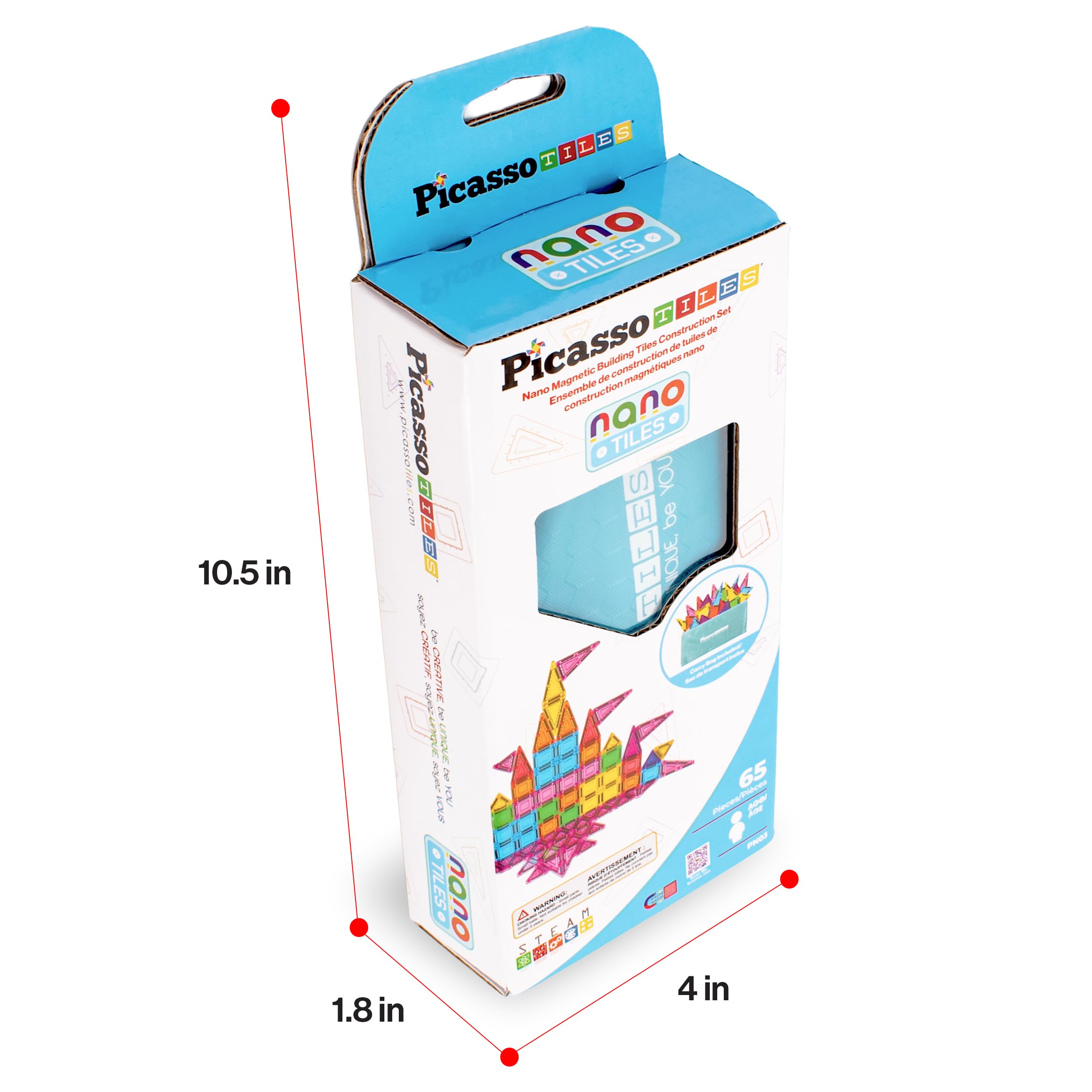PicassoTiles Juego de 65 piezas de bloques de construcción de juguete portátil de tamaño de viaje nano magnético con bolsa de almacenamiento STEM Montessori para aula, azulejos magnéticos apilables