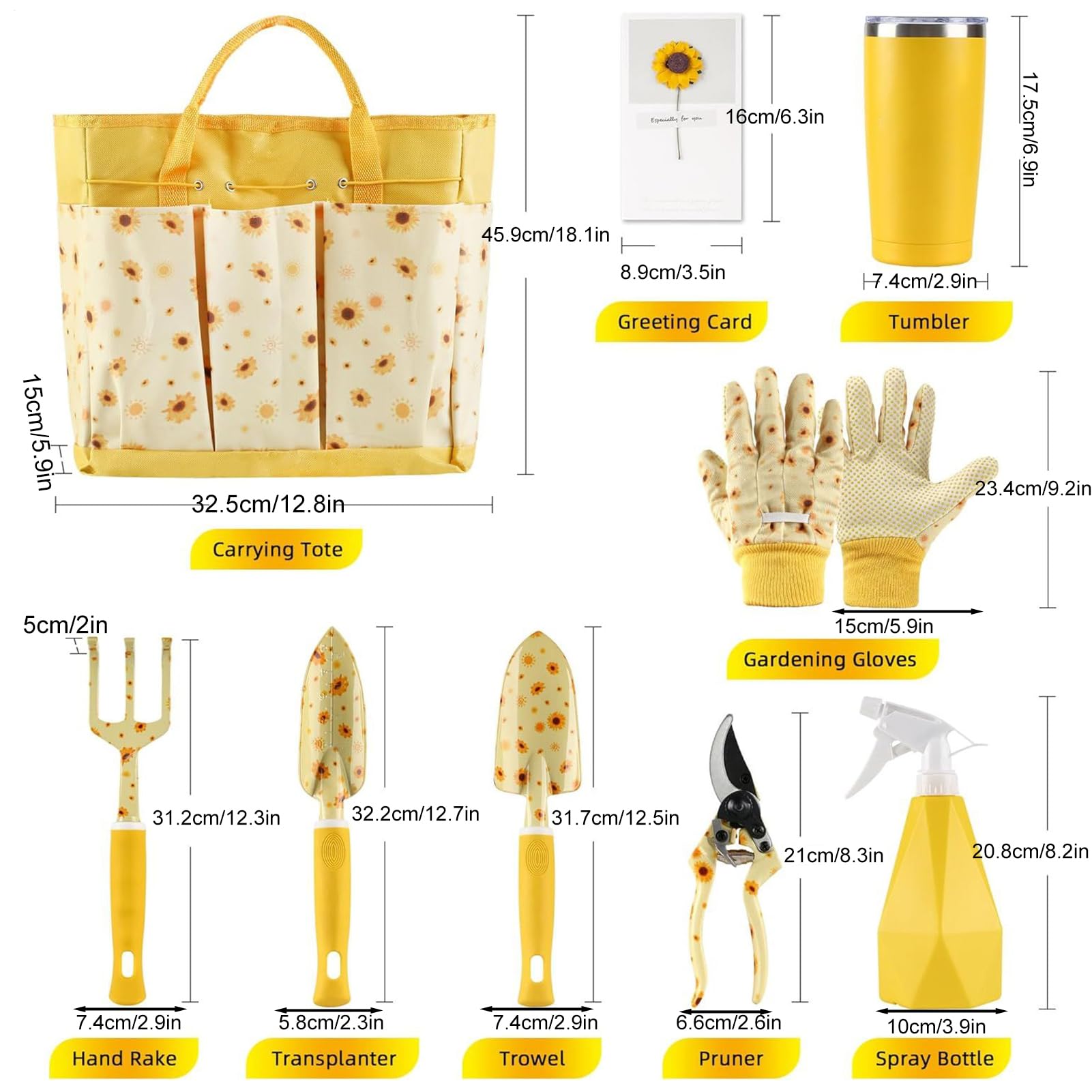 Attrezzi da Giardinaggio Manuali Robusti ed Ergonomici con Motivo Girasole | Kit con Rastrello Pala e Cesoie da Potatura Per Piantumare Diserbare Giardinieri Principianti Anziani e per Esterni