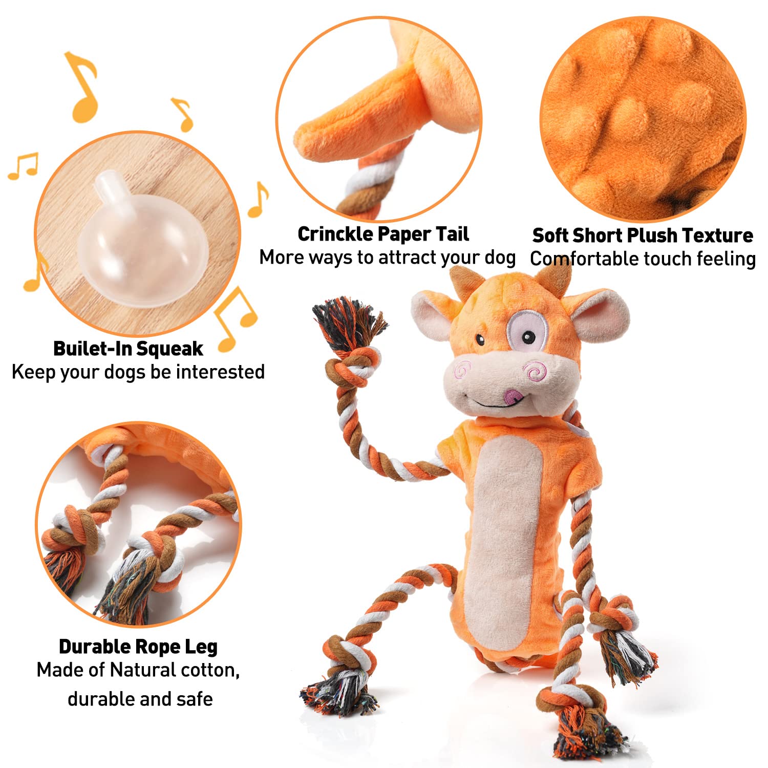 Sedioso Juguetes para perros, juguetes para perros de tira y afloja para razas grandes, lindo juguete interactivo chirriante con papel arrugado, juguete de peluche para perros pequeños, medianos y