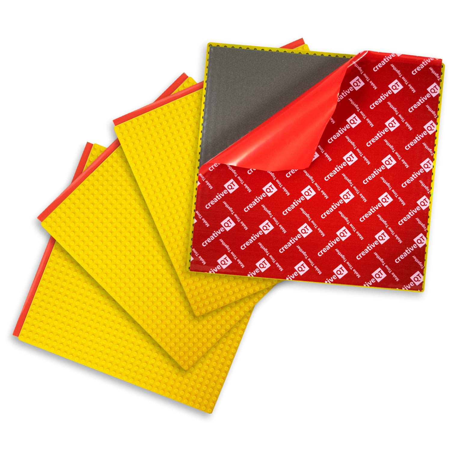 Creative QTMakerBase, Yellow, 4 Pack, 10”x10” Peel-and-Stick Toy Building Blocks Stackable Baseplates, Bases for Play Tables, Walls, and More, Compatible with All Major Brick Brands