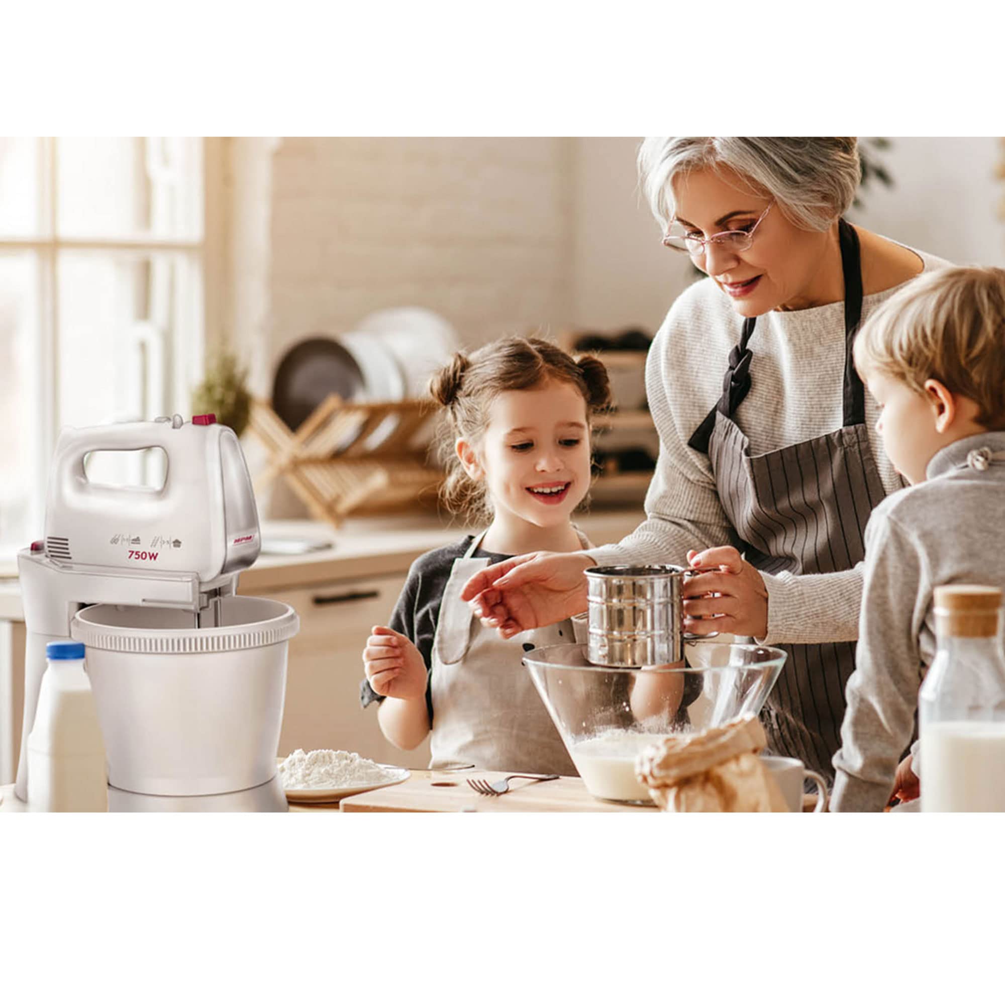 MPM MMR-22Z Mélangeur à Pâtisserie avec 2 Bols Rotatives 3L, sans BPA, Robot Pâtissier Boulangerie Cuisine, 5 Vitesses + Turbo, Tiges et Crochet Pétrisseur en Acier Inoxydable, Blanc, 750W