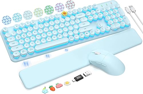 Miniatura 9 de Combo de teclado y mouse inalámbricos, teclas redondas retro, lindo teclado de máquina de escribir de tamaño completo con soporte para teléfono,