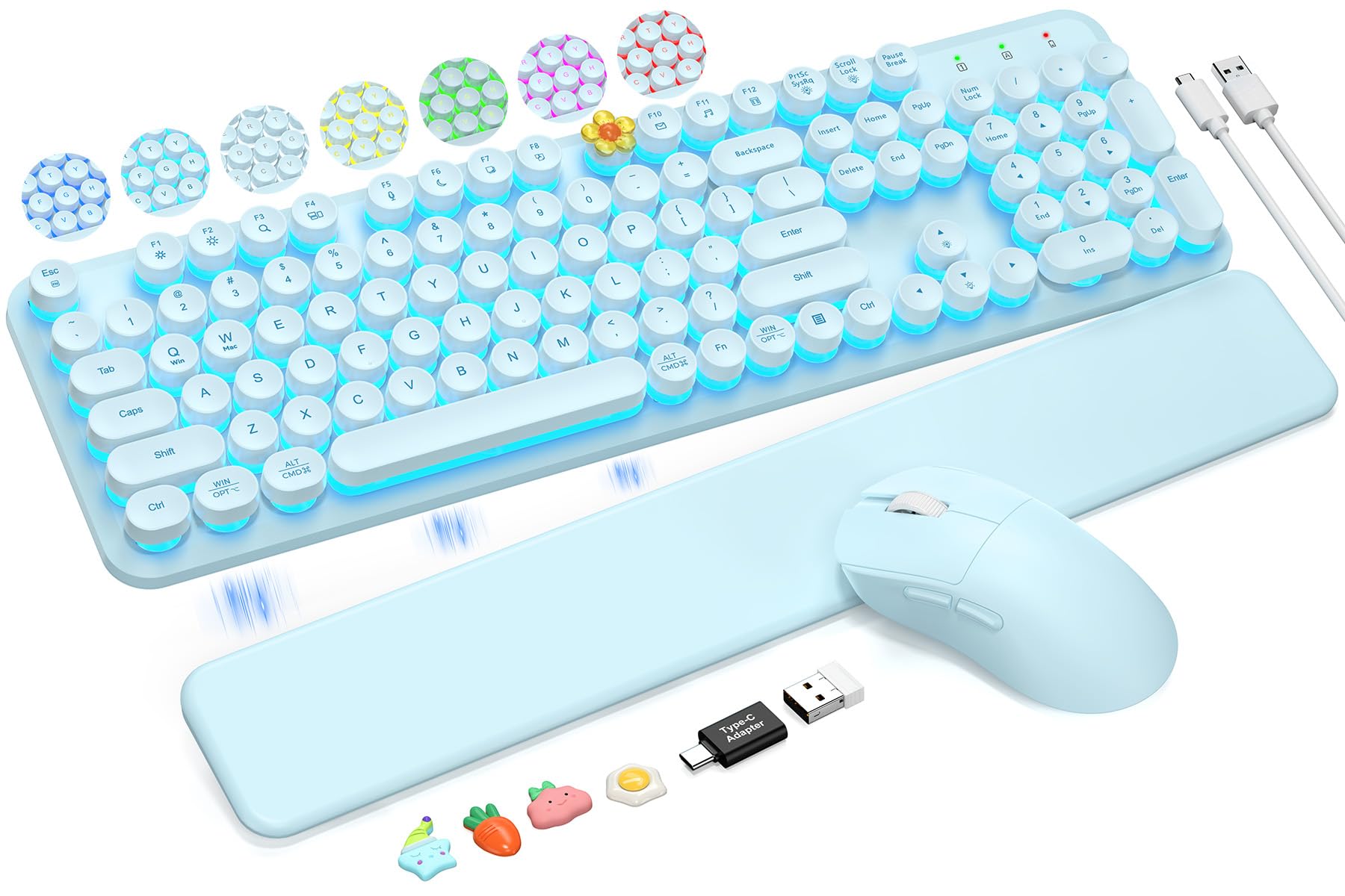 Wireless Keyboard and Mouse Backlit - Typewriter, Magnetic Wrist Rest