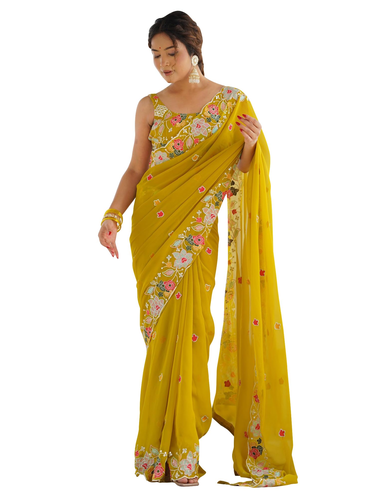 akhilam Women's Georgette Embroidered Saree With Unstitched Blouse (KESARI10805_KR_Parent)-picture-19
