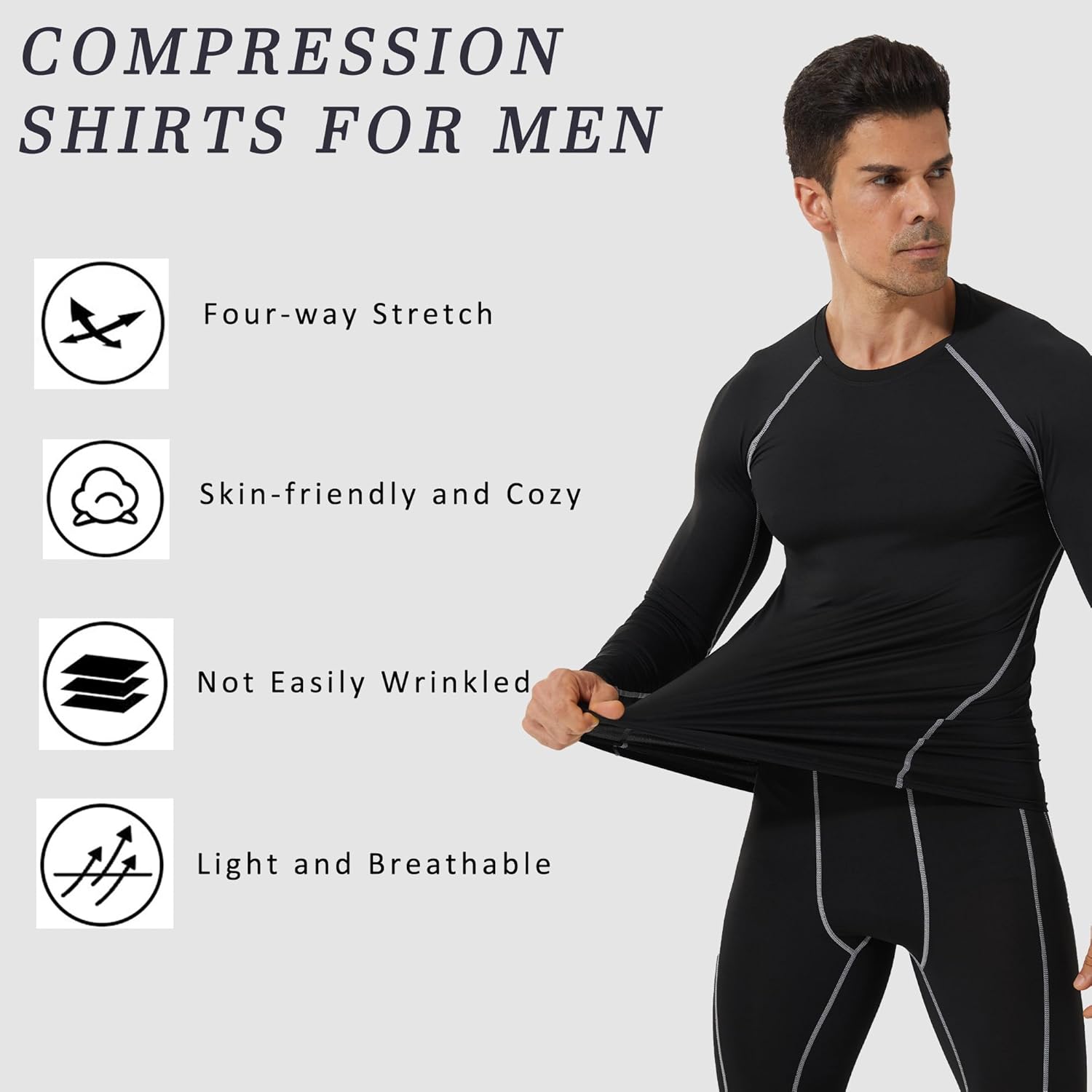 Compression Shirts for Men Long Sleeve Crew Neck Quick Dry Workout Running Athletic Base Layer Mens Compression Tops