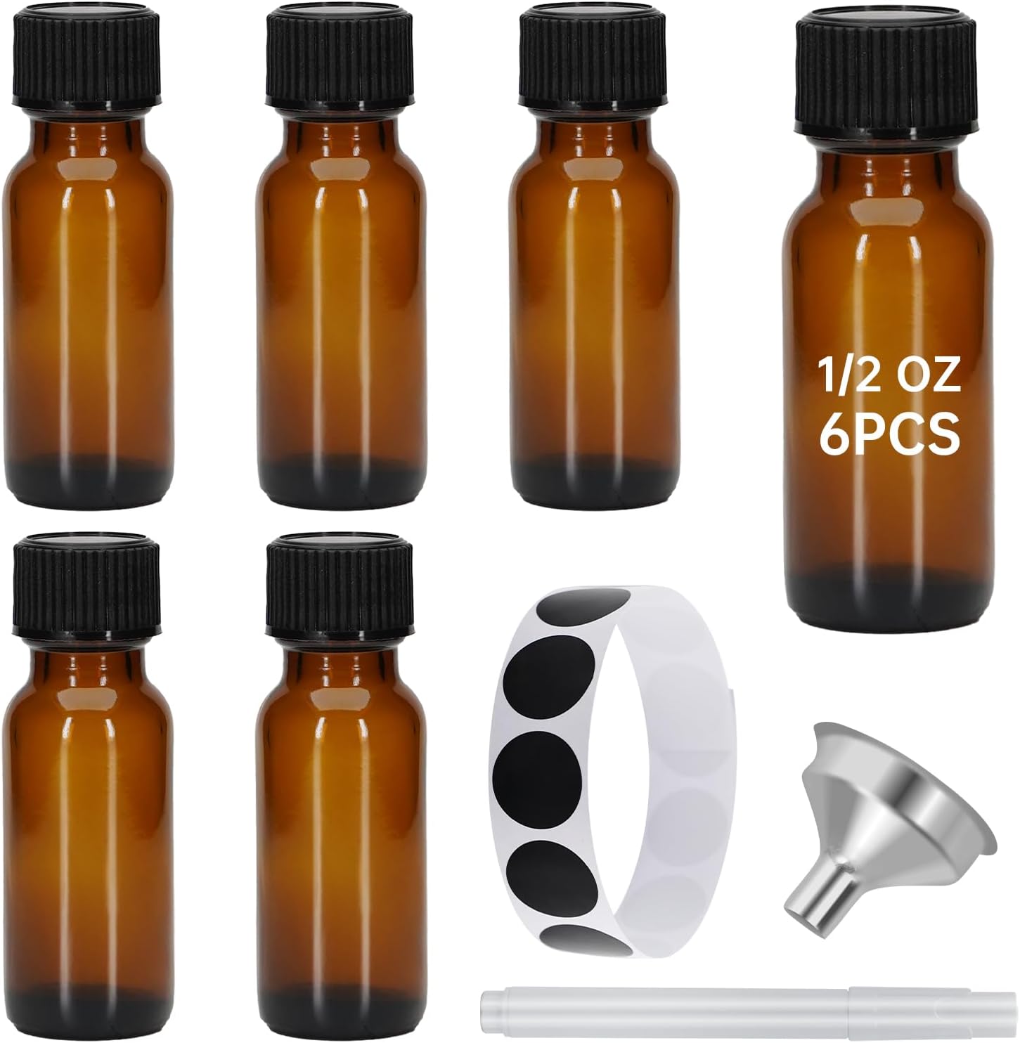 6Pcs Amber 0.5 oz Glass Boston Bottles with Black Poly Cone Cap, 15ML Round Glass Bottle for Essential Oil, Perfume and Liquid Boston Round Bottles- UV Rays Protection (6)
