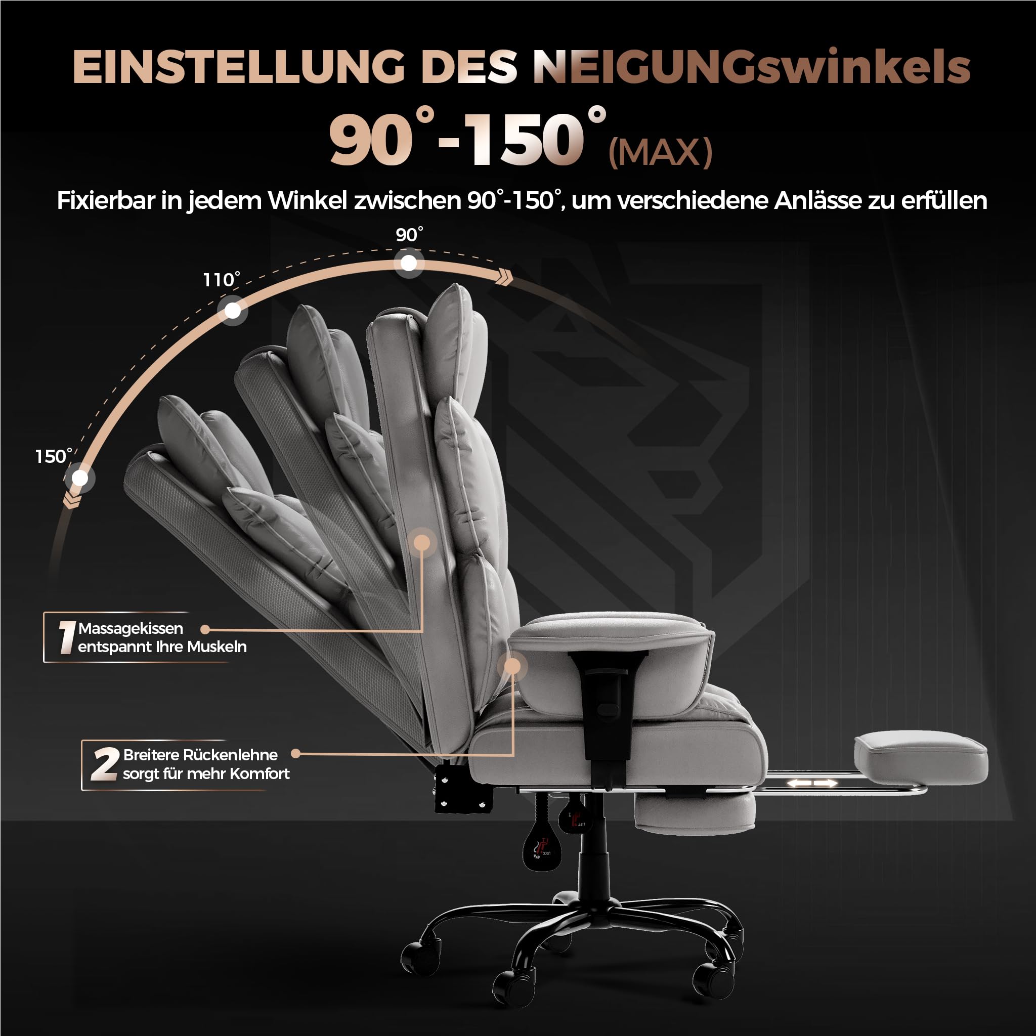 ACXIN Ergonomischer Chefsessel Bürostuhl PU-Leder mit hoher Rückenlehne, 150° verstellbar, verstellbare Armlehnen & Fußstütze für Büro, Homeoffice & Gaming (Grau, Belastbarkeit 150 kg)