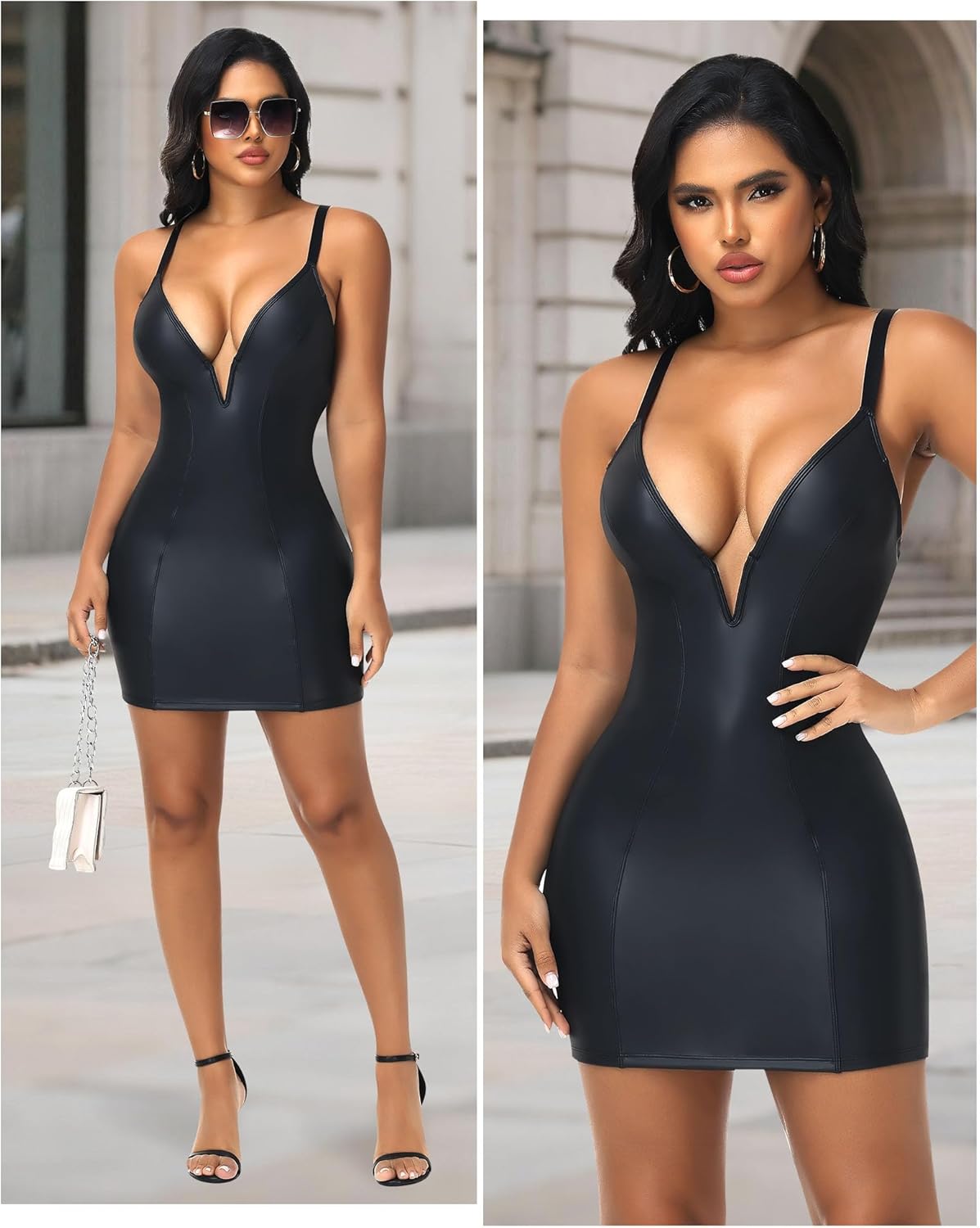 SHAPERIN Women's Deep V Neck Faux Leather Dress Built-in Shapewear Slip Tummy Control Bodycon Night Out Mini Dresses - Image 5