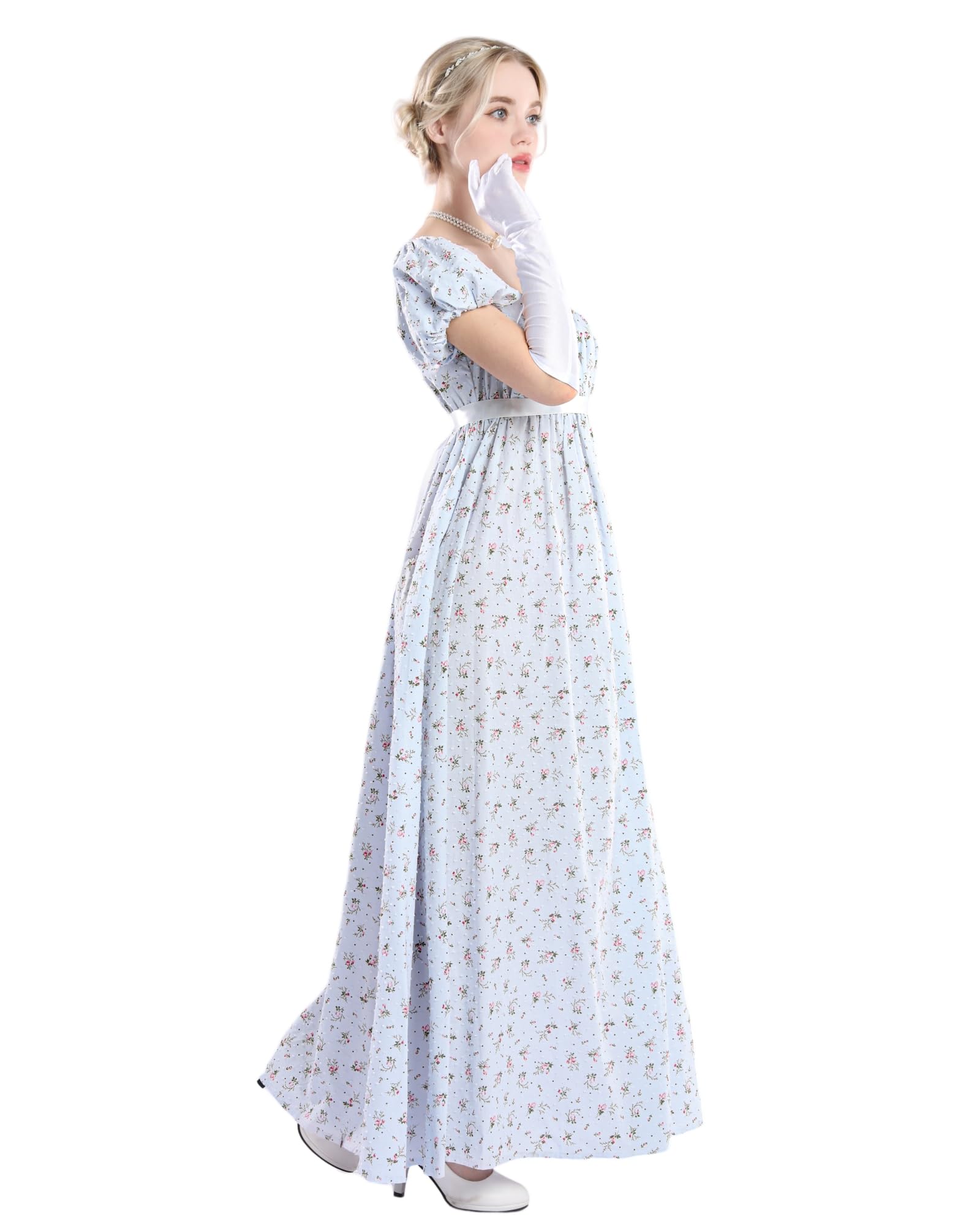 NSPSTT Regency - Abito da donna floreale Regency Era con vita imperiale, abito lungo da tè con guanti