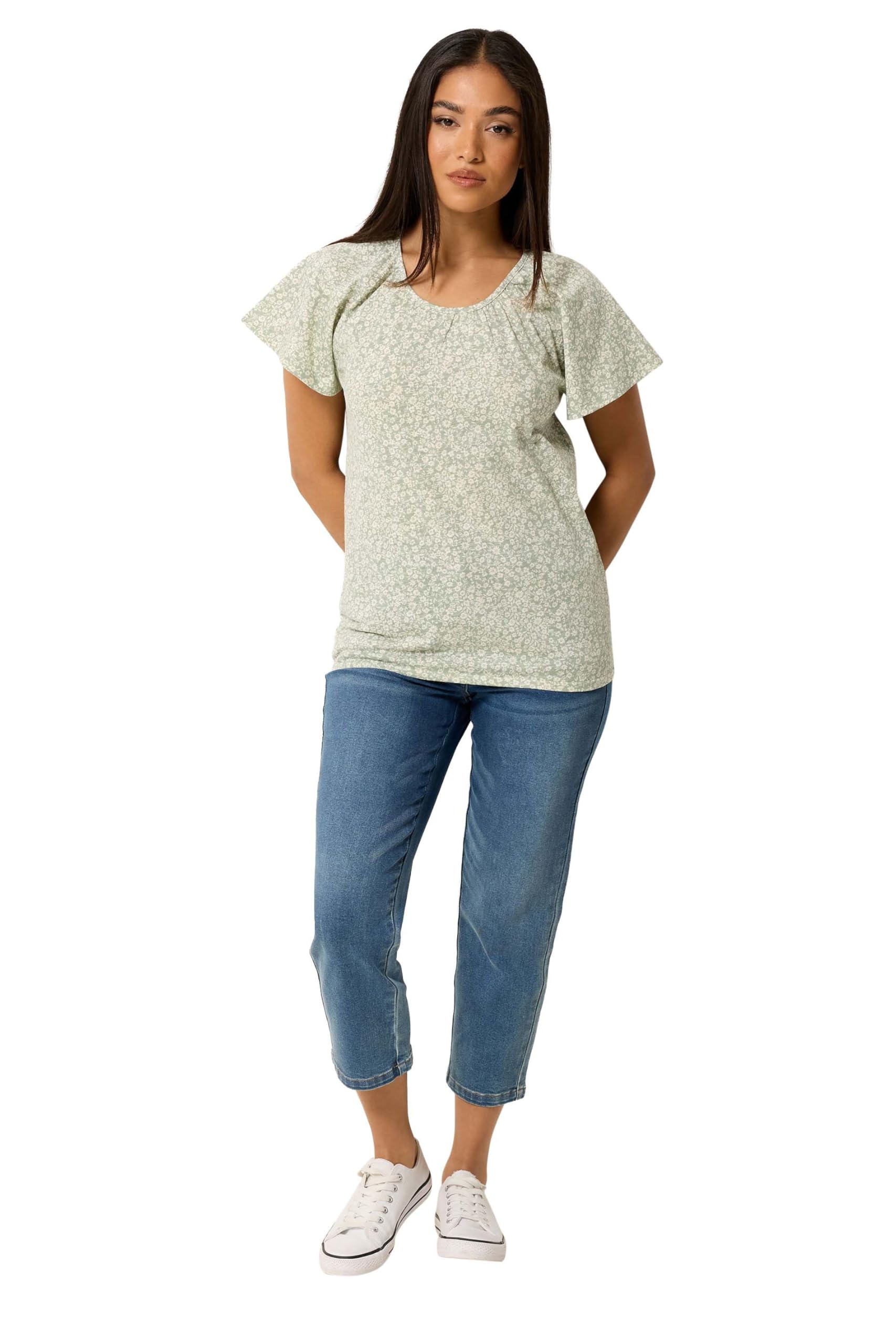 M&Co Women's Light Green Petite Floral Cotton Scoop Neck Top In | Size: 12