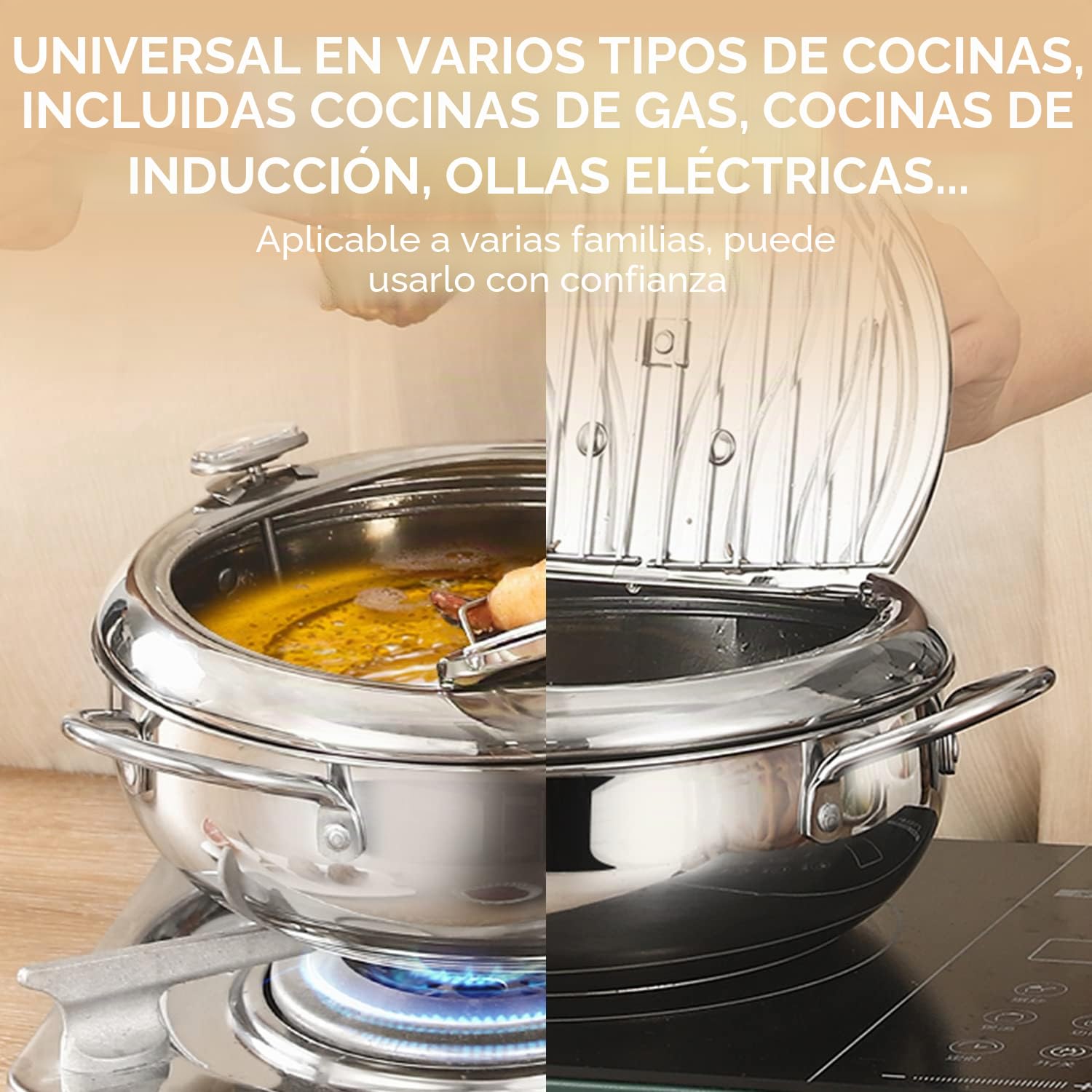 Olla Freidora,Freidora de Estilo Japonés Olla con Inducción de Termómetro, Mini Sartén de Acero Inoxidable de Grado Alimenticio con Escurridor de Goteo de Aceite para Cocinar Papas Fritas (L - 3400ml)