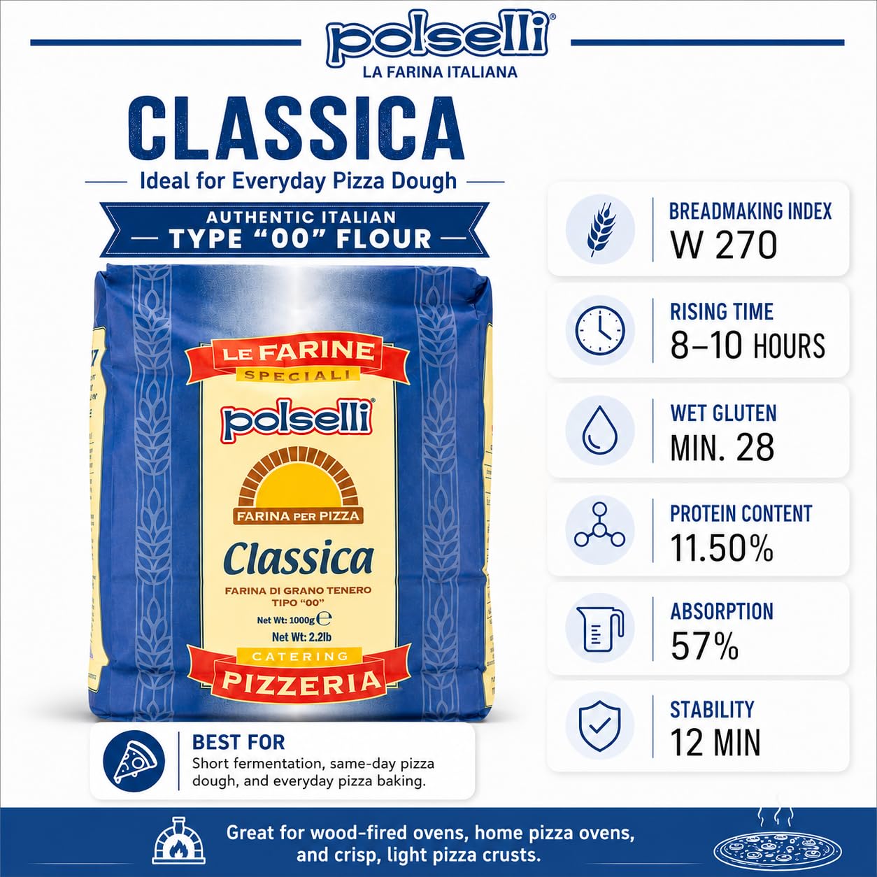 Polselli - Harina clásica italiana de trigo tierno, tipo "00", 5 kg, especial para pizza napolitana