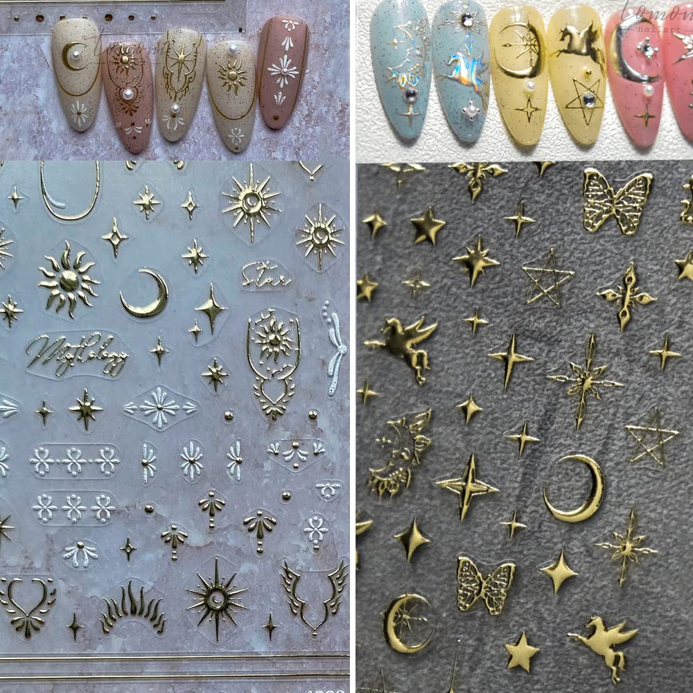 BonnieSam 4Sheets 5D Gold Nail Art Stickers Totems Moon Star Butterfly Delicate Spring Nail Art Decal Supplies for Women Girls Salon DIY Acrylic Nails Design (Gold Totems)