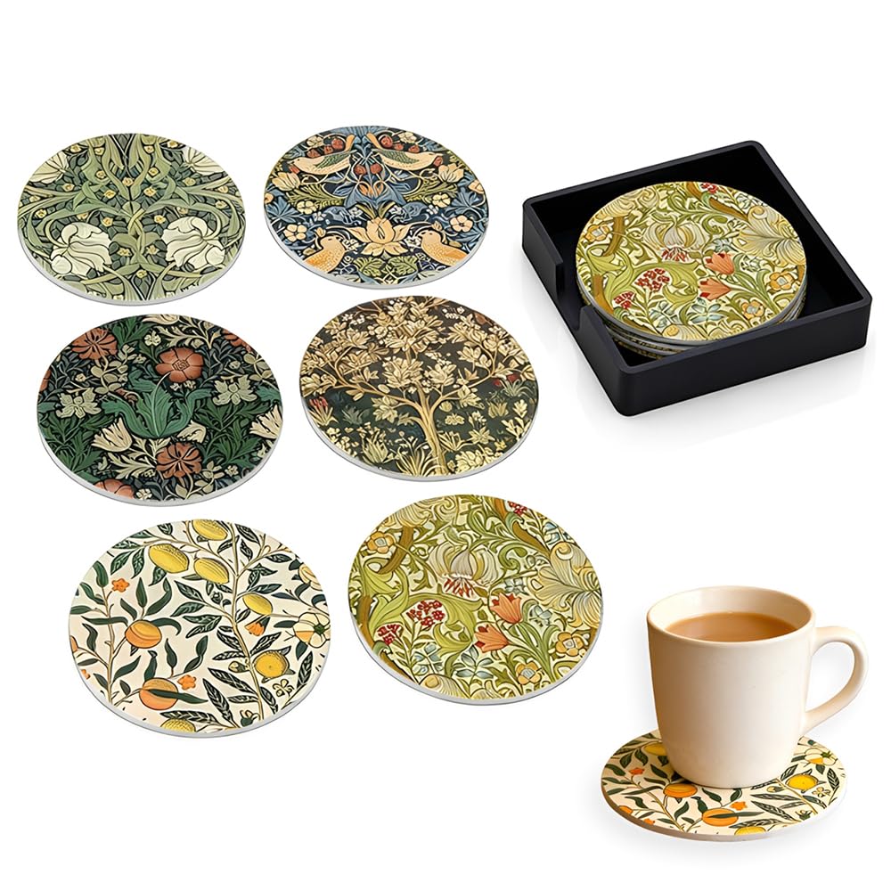 MSLSOZ 6 Round Silicone Coasters, William Morris Coaster Set, Coasters with Silicone Holder, Vintage Floral Plant Pattern, Waterproof Non-Slip, Ideal for Home, Office, Bar Gifts (8.8 * 8.8 * 0.24cm).