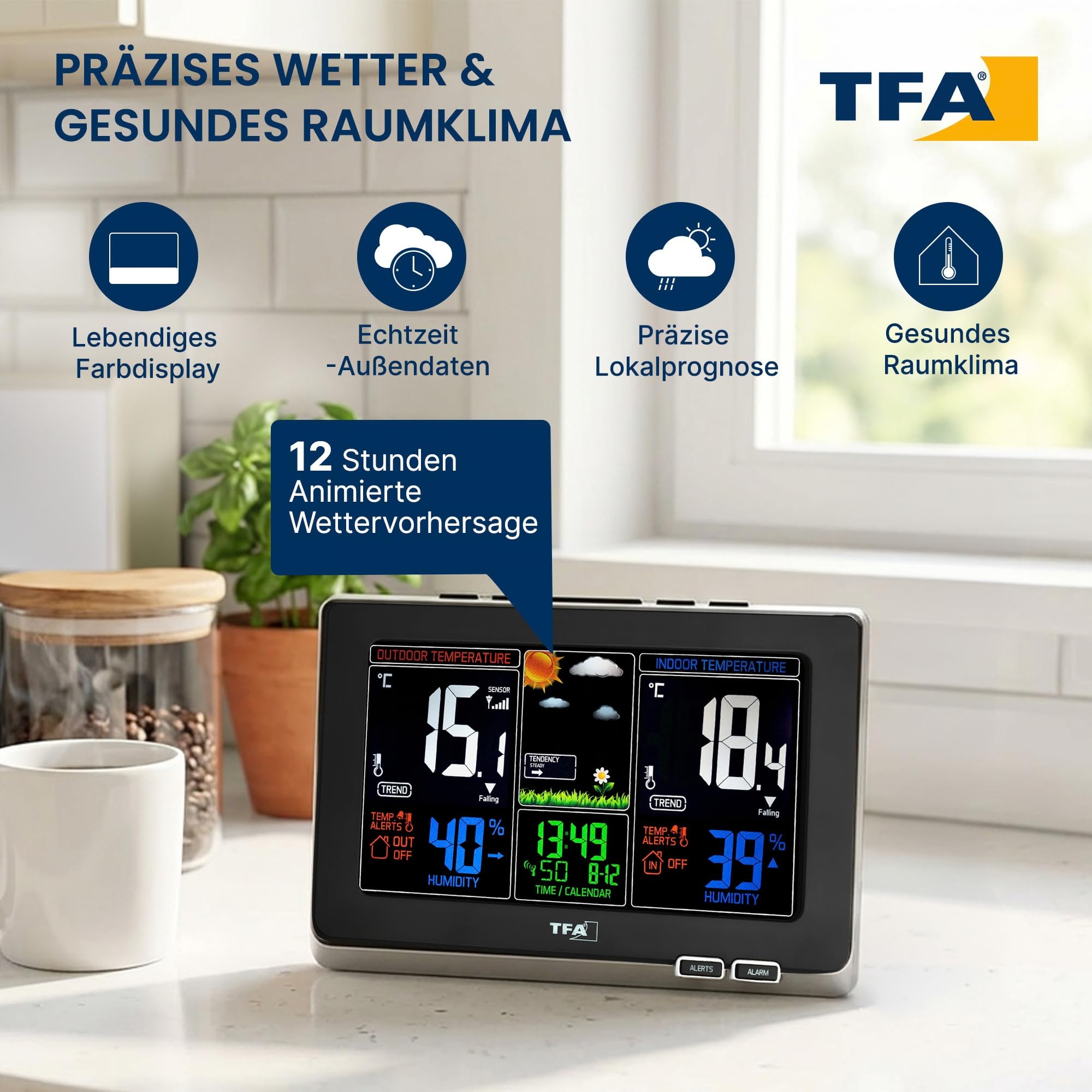 TFA Dostmann Spring Wetterstation, für Innen und Außen, Funk Außensensor misst Luftfeuchtigkeit, Taupunkt, inkl Funkuhr und farbig animiertes Display, L 210 x B 26 (60) x H 140 mm