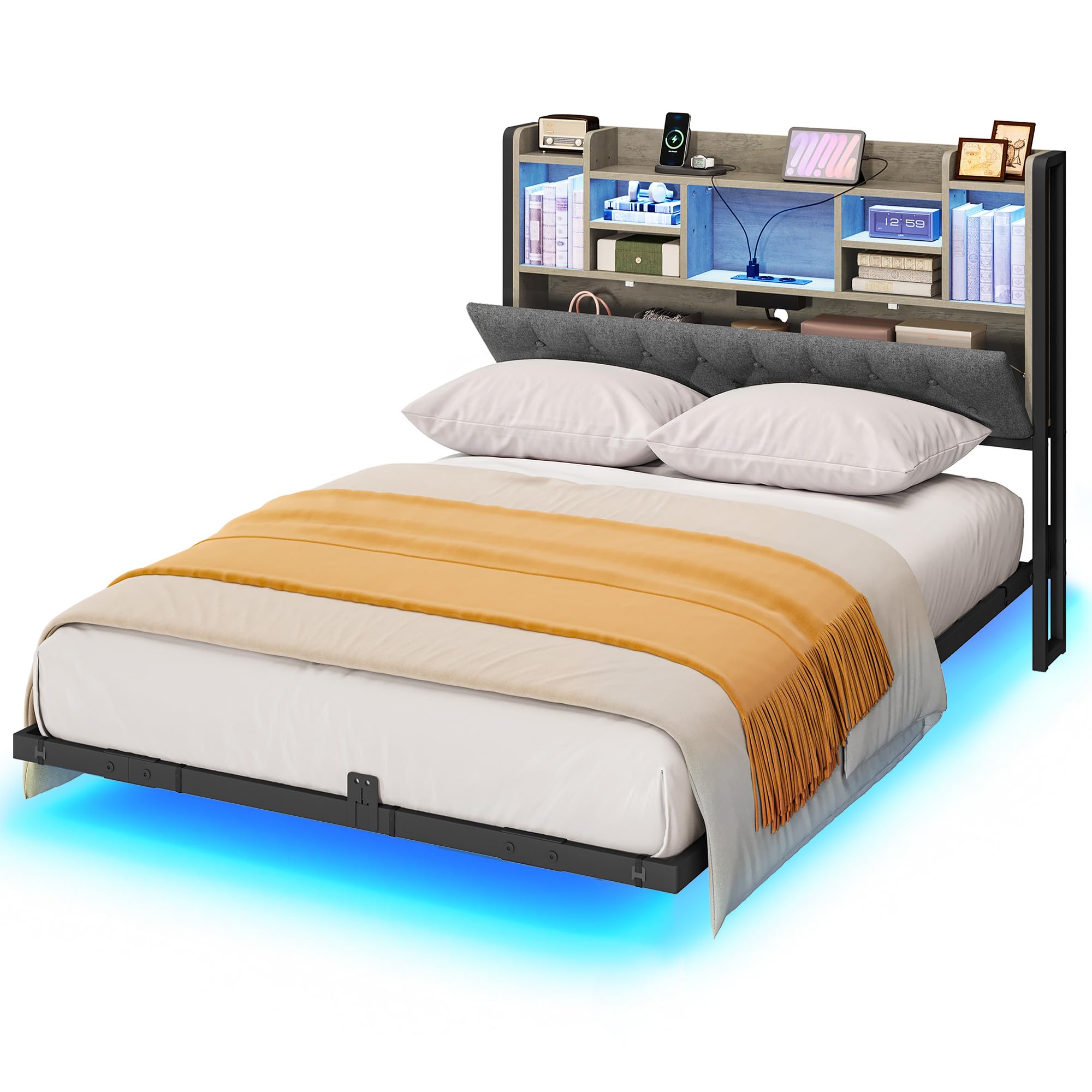 YITAHOME Bettgestell LED mit Kopfteil LED-Beleuchtung USB-Ladestation inkl Kopfteil schwebendes Design Metallrahmen Stoffbezug in grau ohne Matratze 140X200CM