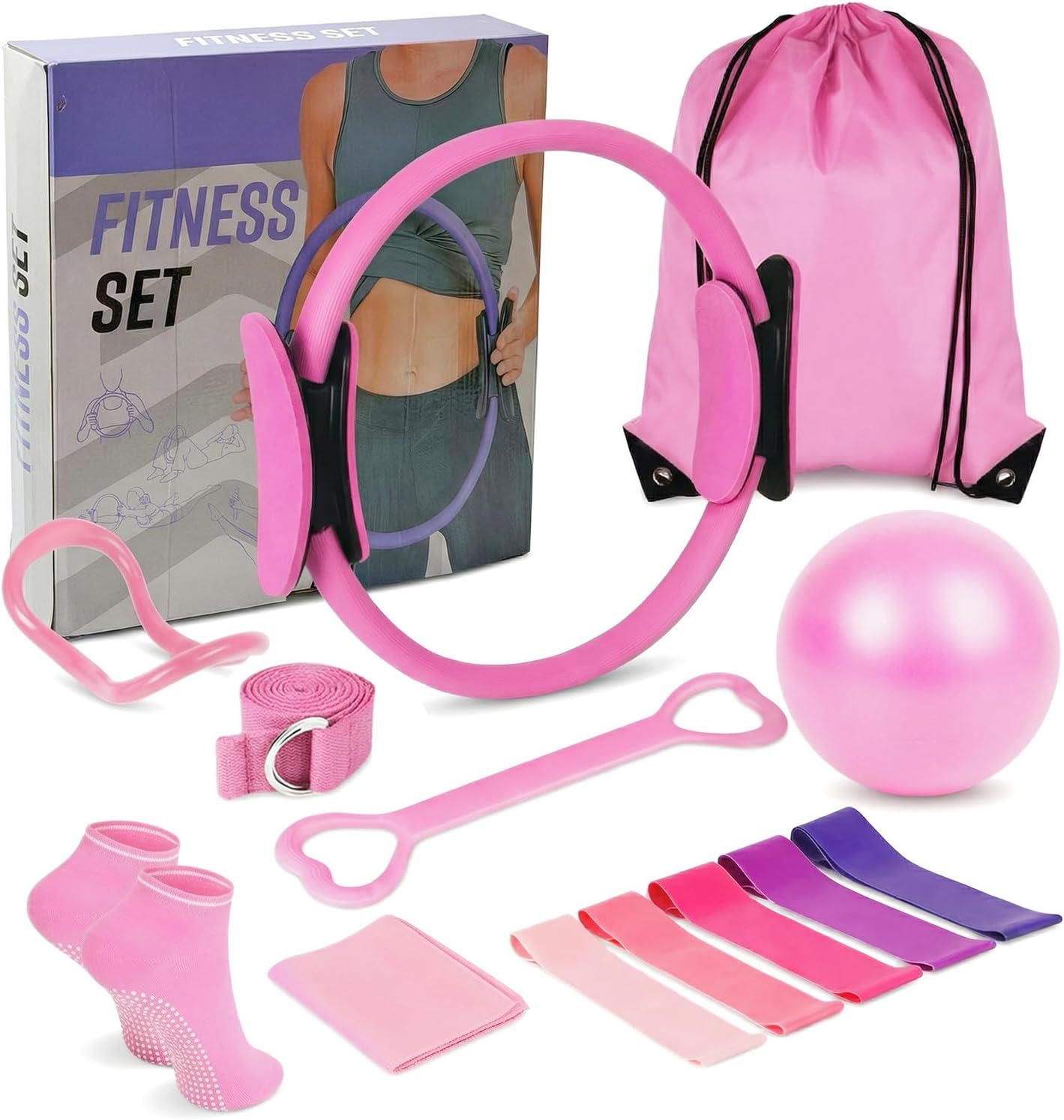 Pilates Kit 14pcs, Home Pilates Workout Kit for Women, Pilates Equipment with 13″ Ring, 9.8″ Ball, Multiple Resistance Bands, Non-Slip Socks, Workout Guide for Beginners Home Outdoor