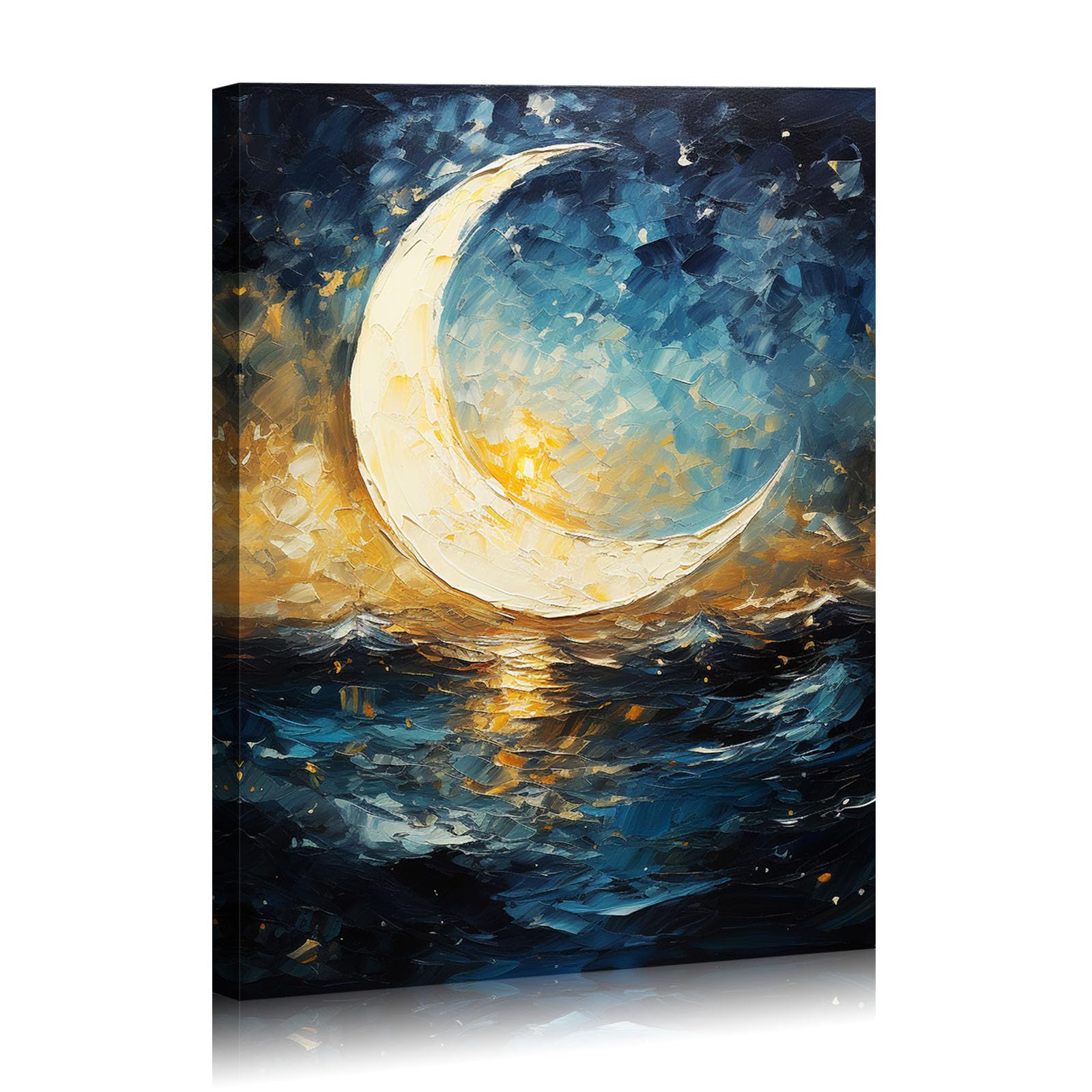 Moon Over Ocean Canvas Wall Art Night Sky Painting Canvas Prints Wall for Living Room Bedroom Bathroom Home Decor Ready to Hang Framed 12"x16"