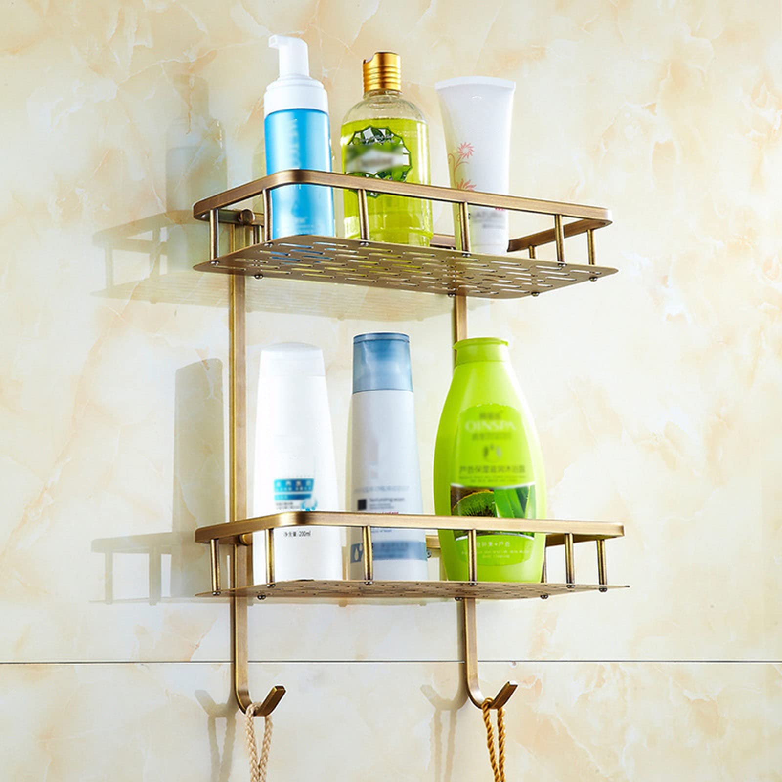 Estante esquinero de baño, estante de ducha montado en la pared, cesta de almacenamiento de latón macizo inoxidable, organizador rectangular para artículos de tocador