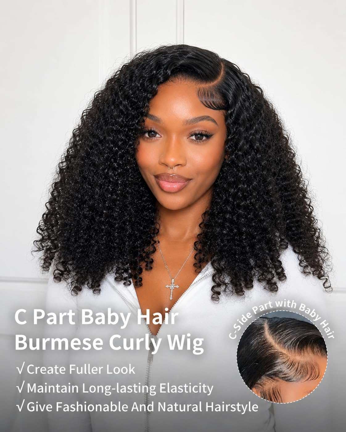 Tunfine C-side część burmese kręcone 6x6 sznurowane sznurki ludzkie włosy 50 cm | 200% Gęstość Peruka z Włosów Ludzkich Pre Plucked Pre Cut z Spiral Curly Ends, Glueless Natural Color Wig