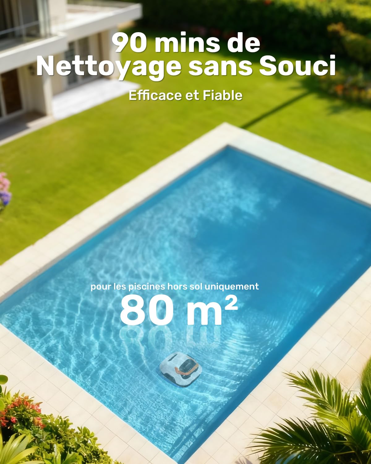 Gosvor Robot de Piscine Hors-Sol sans Fil – 90 Min d’Autonomie, Aspiration Puissante 6600 L/h, Nettoyage Automatique avec Stationnement Intelligent, pour Piscines Jusqu’à 80 m²