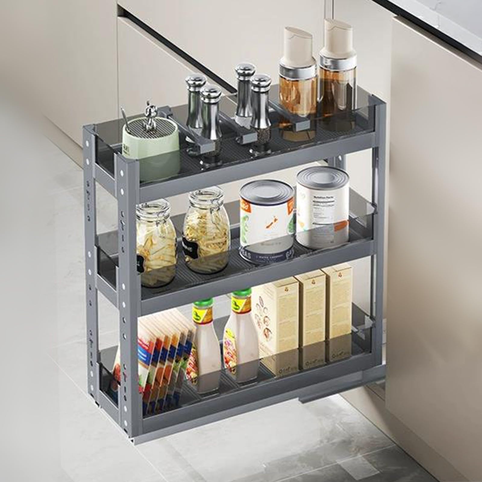 Organizzatore per armadietti stretti a 3 ripiani estraibili, porta spezie scorrevole in metallo resistente, ripiano porta spezie per dispensa, bagno e casa 200
