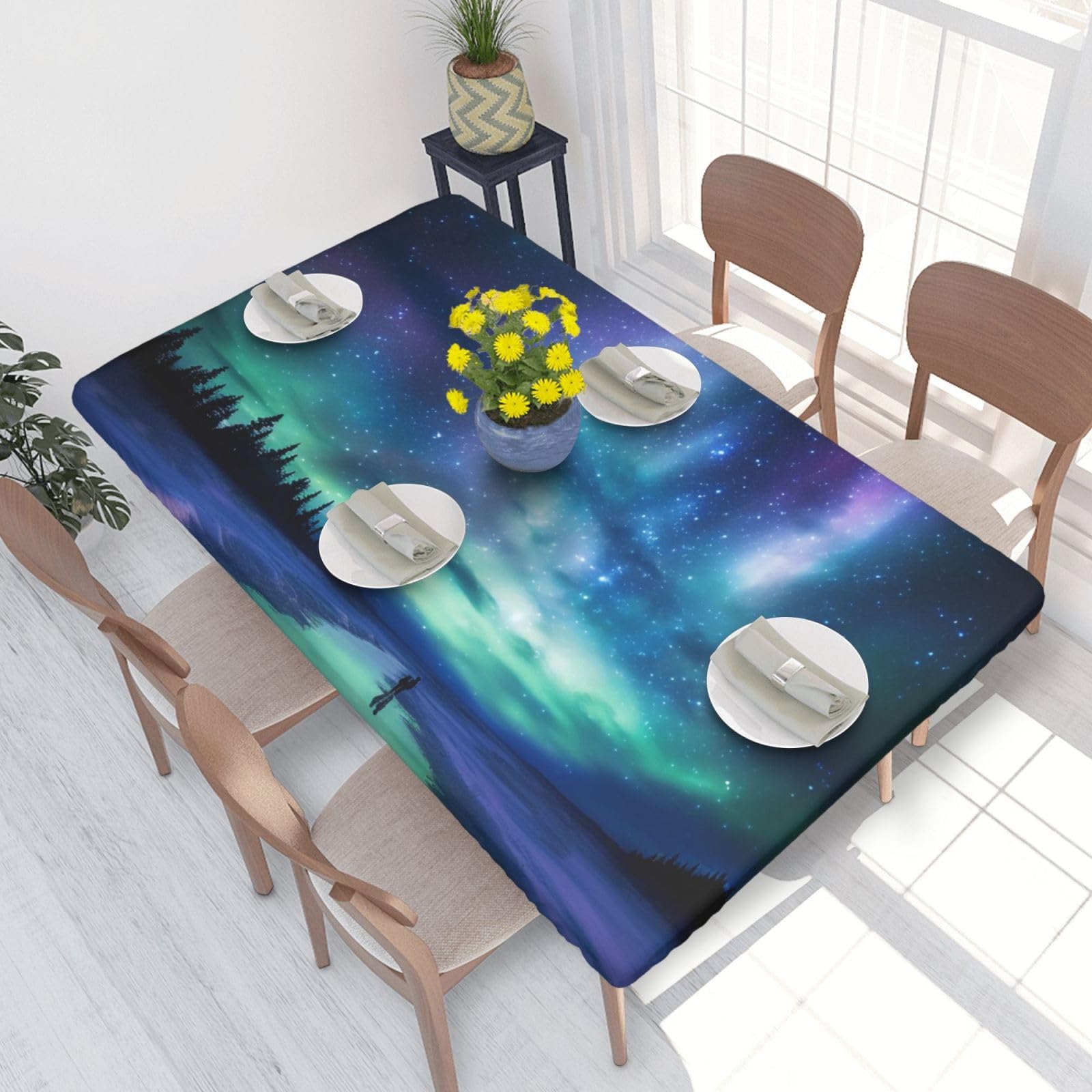 DCARSETCV Northern Lights Printed 4FT Waterproof Tablecloth with Elastic Edged Protect & Decor Your Table, Oil-proof Washable Table Cloth Cover for Dinner Picnic Party