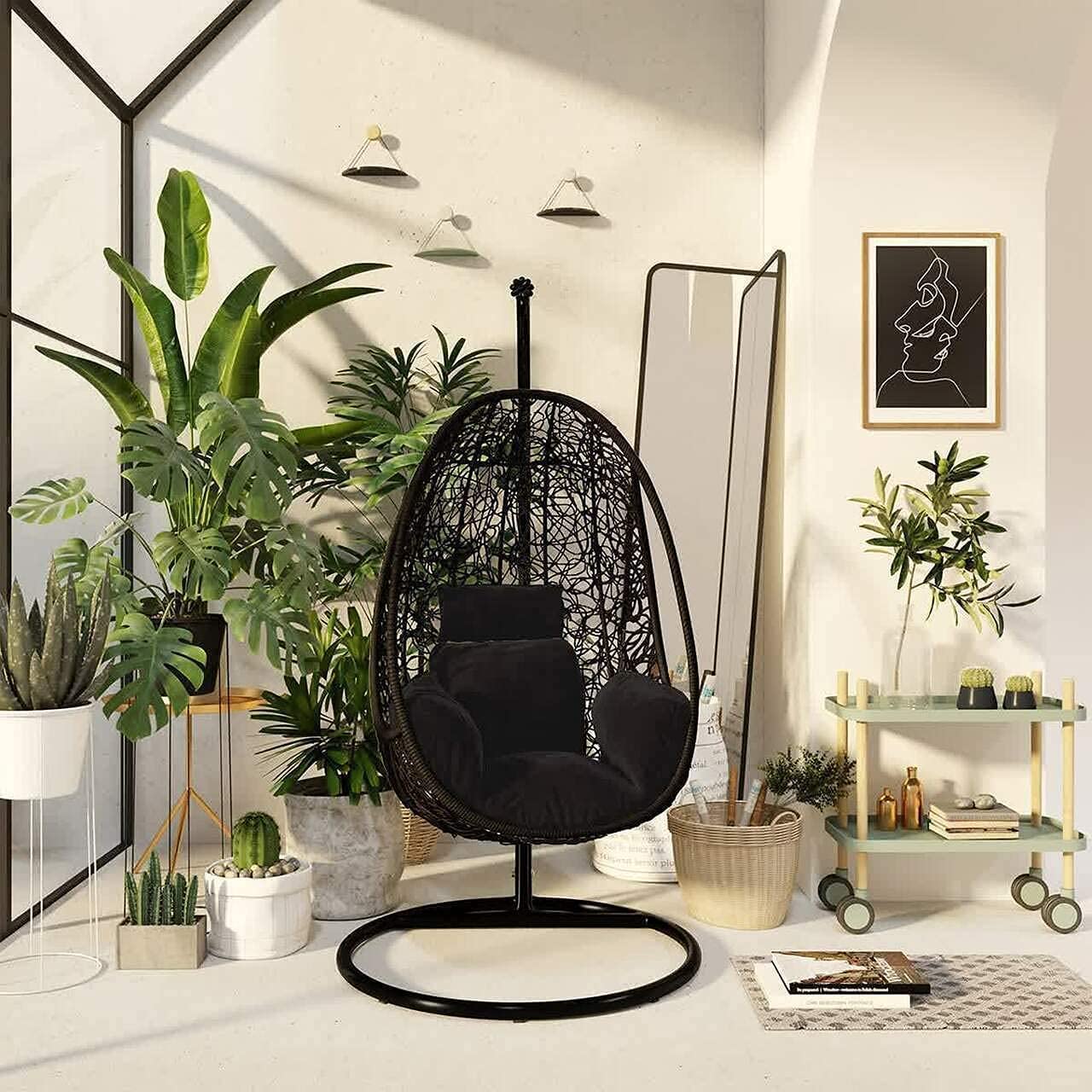 Premium Outdoor-Indoor Rattan Black Wicker Oval Shape Hanging Chair Swing with Stand & Black Cushion-image-28