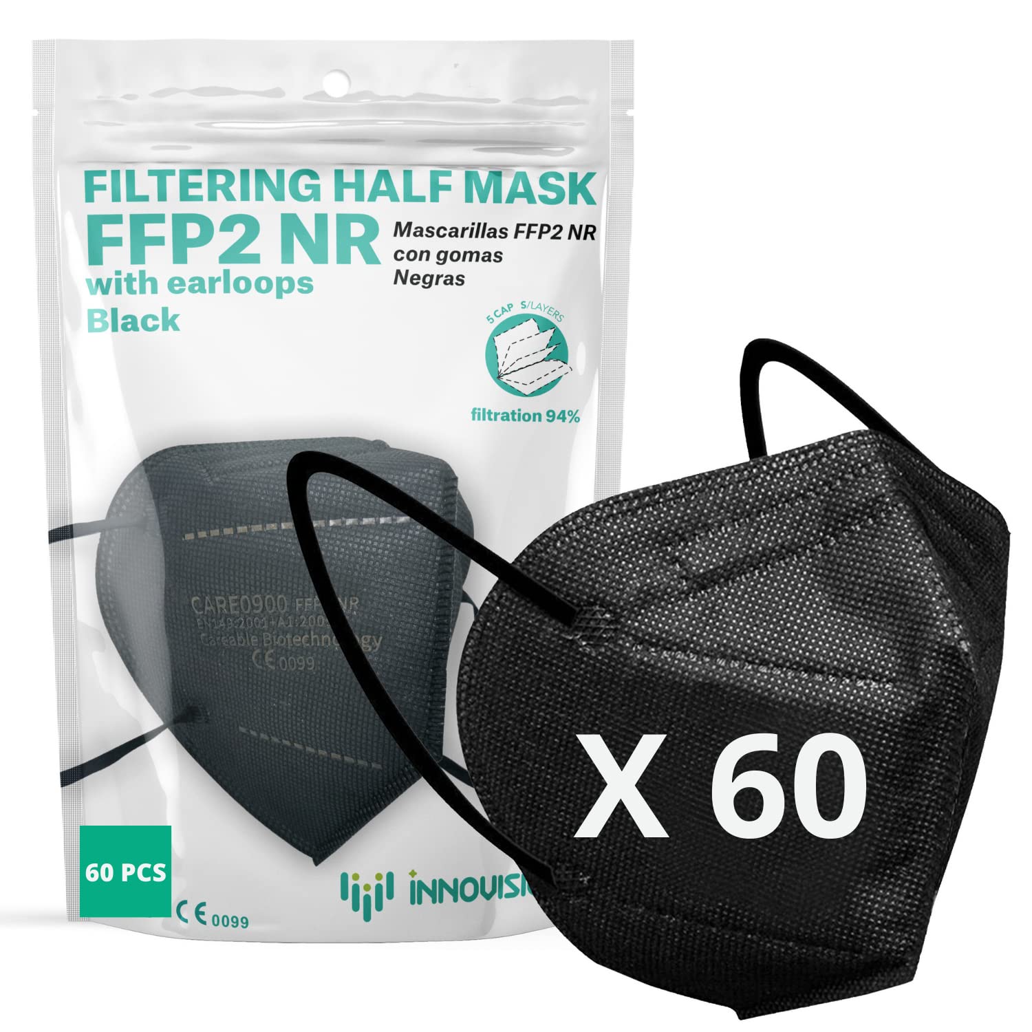 60 xInnovision Medical Certifié Norme 60x Masque FFP2 Noire CE0099, 60 pièces Couleur noire