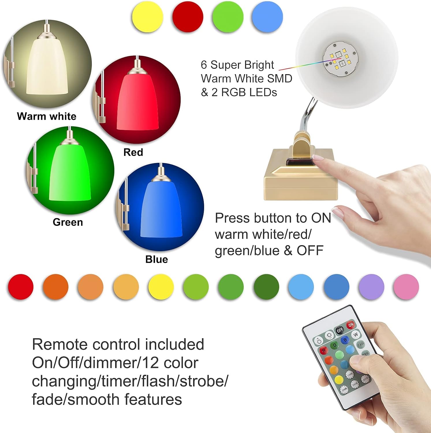 LUXSWAY Wall Sconce, 12 Color Changing,Wall Lamp Over Bed Headboard Light, Wall Mounted Light for Hallway Bedroom Home Decor, Dimmer & Timer Off-1Pack