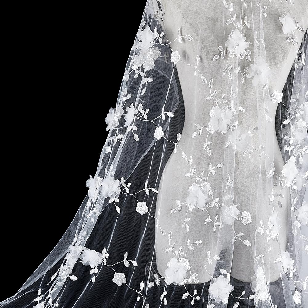 PH PandaHall 1.83m Blanc 3D Dentelle à Broderie Fleur 178cm de Large Dentelle Organza Fleurie Tissus à Broderie Maille Florale pour la Couture DIY Robe de Mariée Robe de Bal