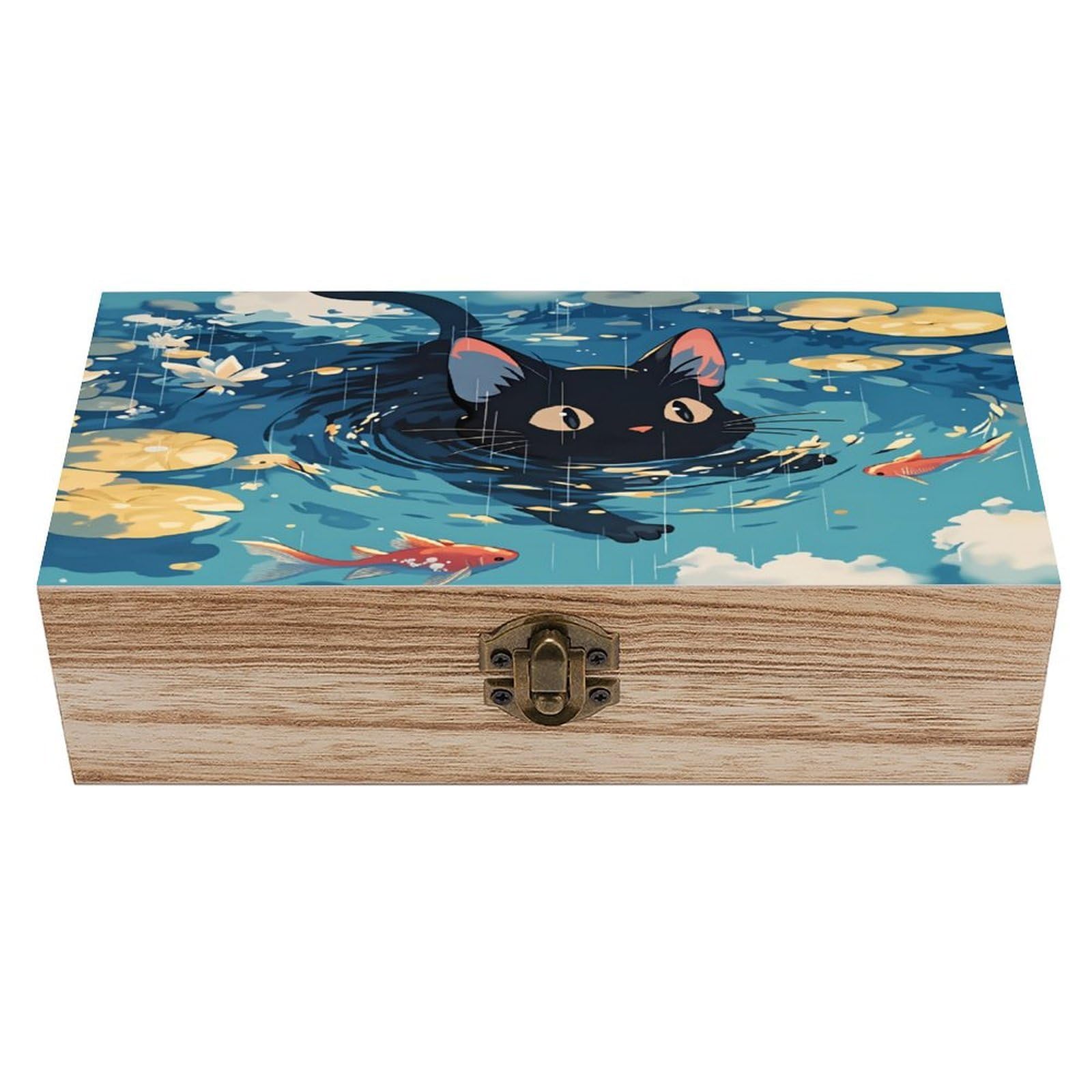 asbwuo Adorable Cartoon Black Cat Vintage Wooden Keepsake Box