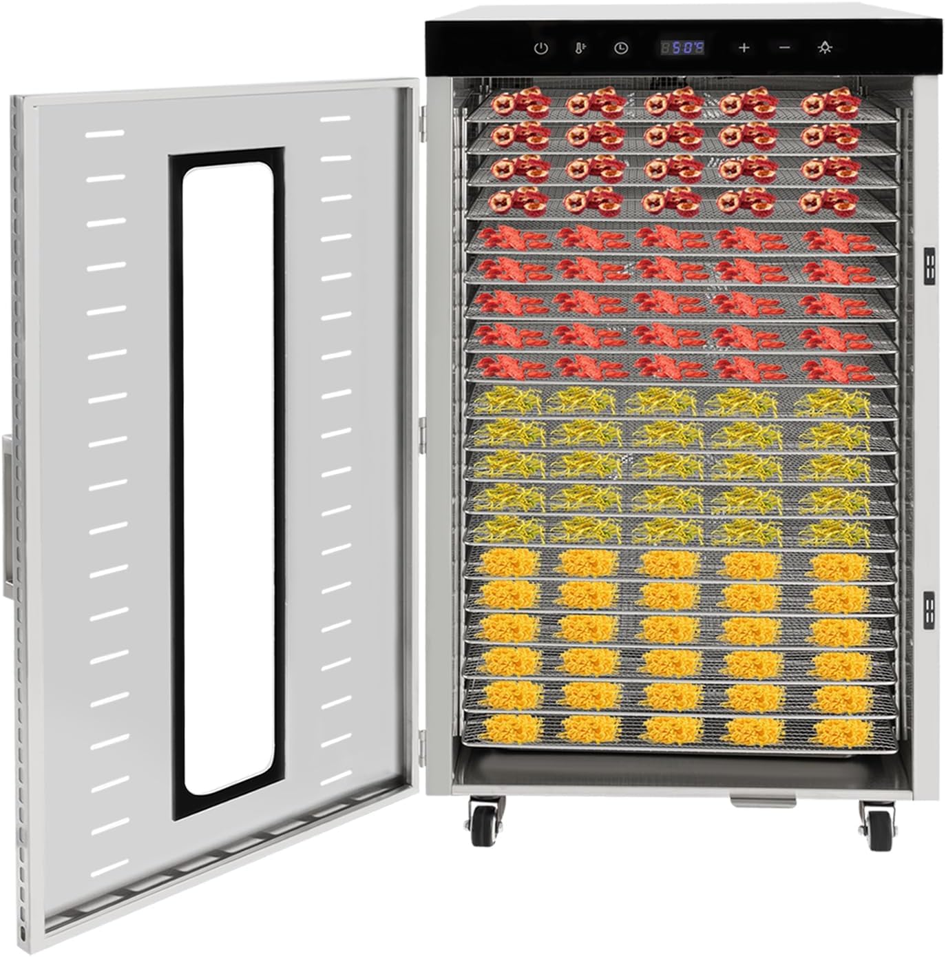 Deshidratador De Alimentos Comercial De 20 Capas Y 1700 W, De Acero Inoxidable, con Pantalla Led Y Ruedas Secar Frutas, Verduras, Carnes Y Especias.